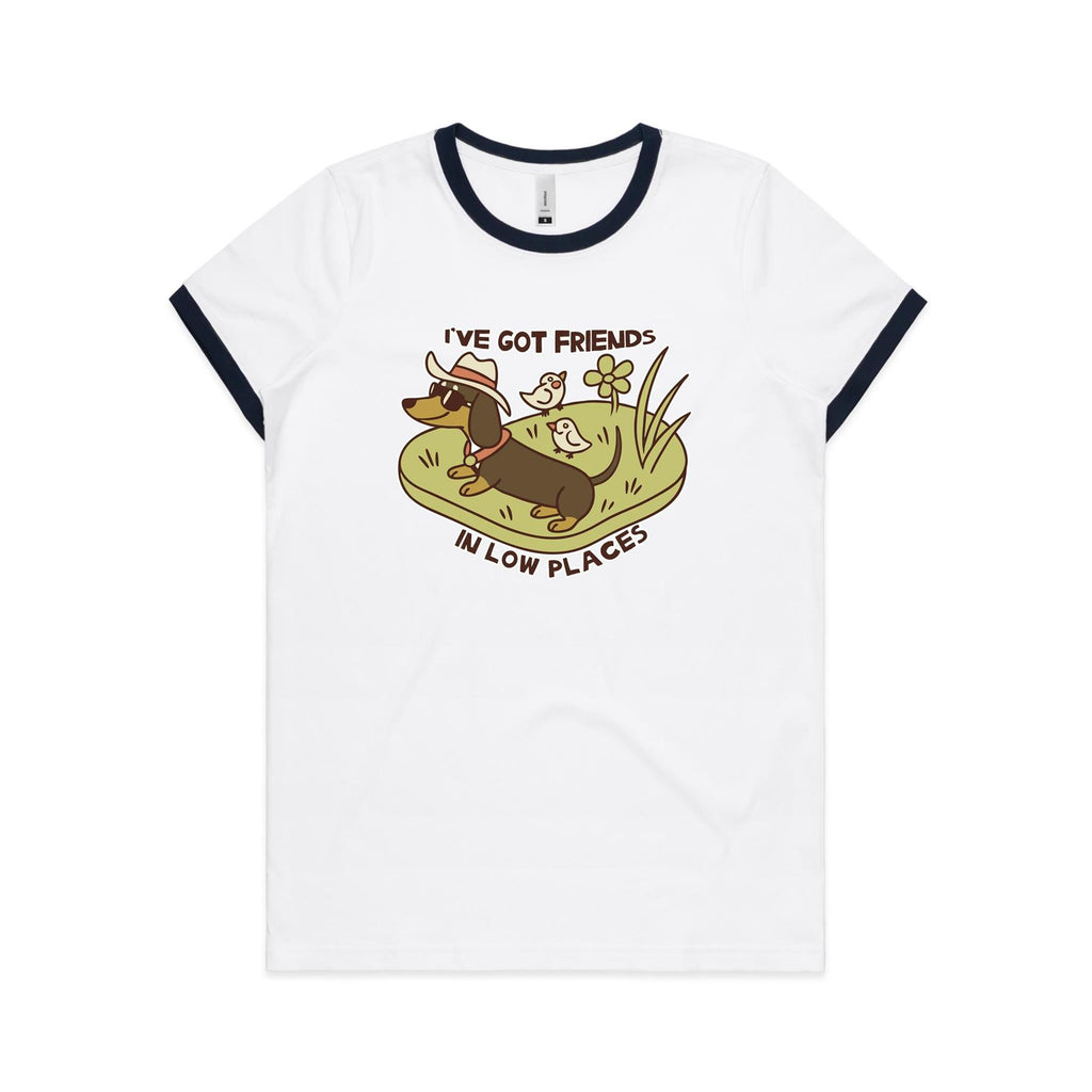 Dachshund, I've Got Friends In Low Places AS Colour Women's Ringer Tee White Navy Womens Ringer T-shirt animal Printed In Australia