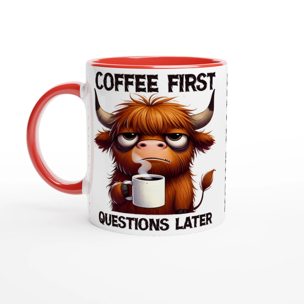 Personalise - Coffee First, Questions Later, Highland Cow - 11oz Ceramic Mug Ceramic Red Personalised 11oz Mug animal Coffee Globally Fulfilled