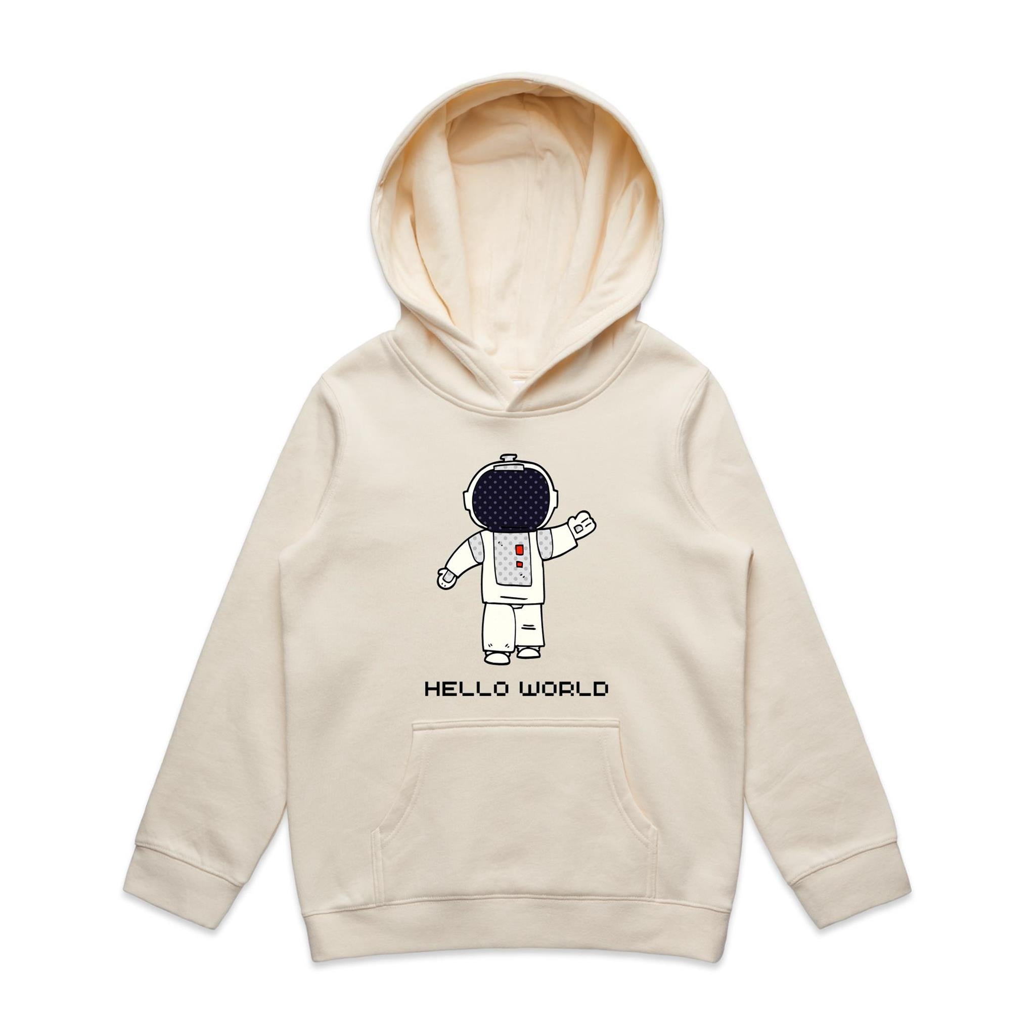 Astronaut, Hello World - Kids Hoodie Ecru Kids Hoodie Printed In Australia
