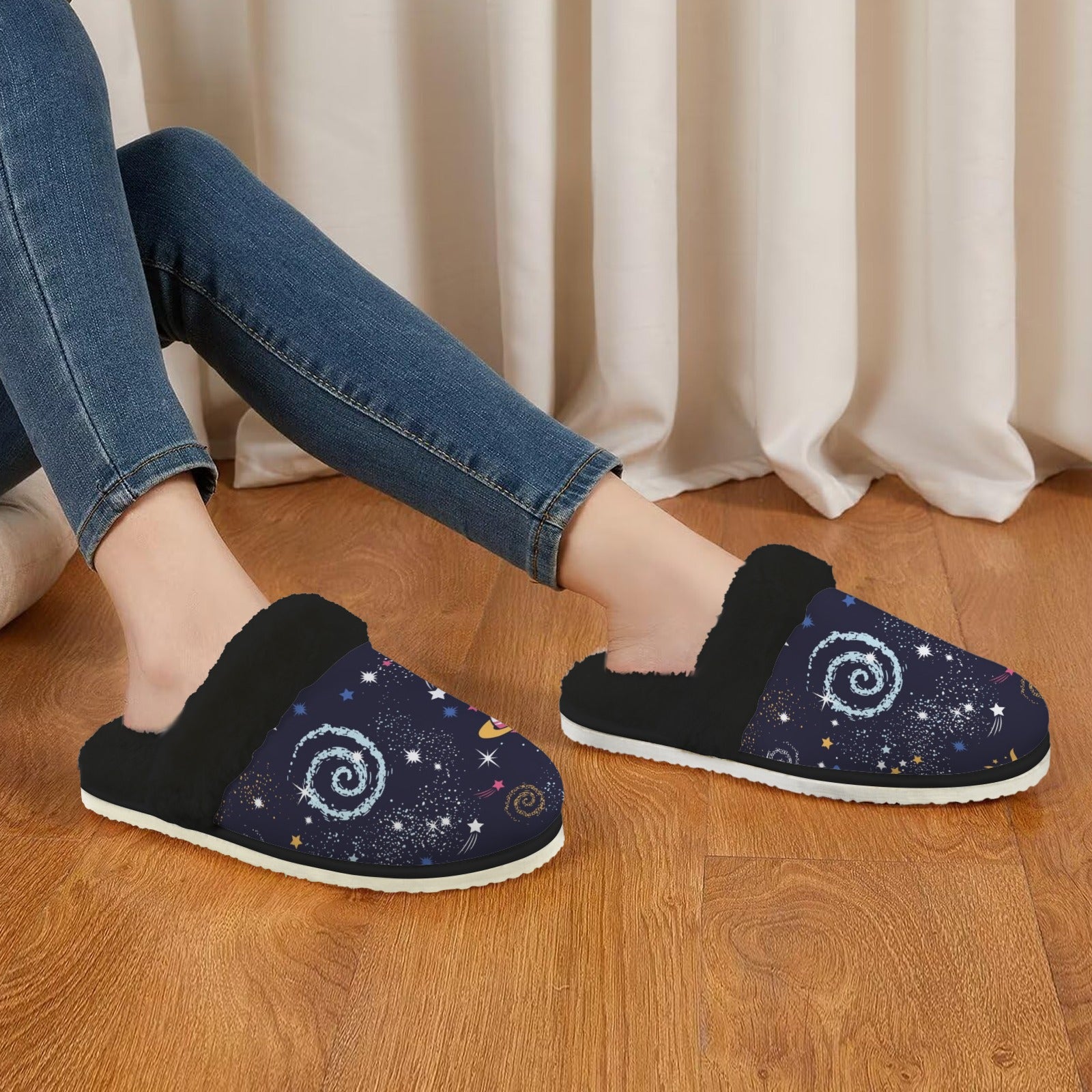 Outer Space Women's Fur Trim Thick-Sole Indoor Slippers Women's Fur Trimmed Slippers Printed Offshore Space
