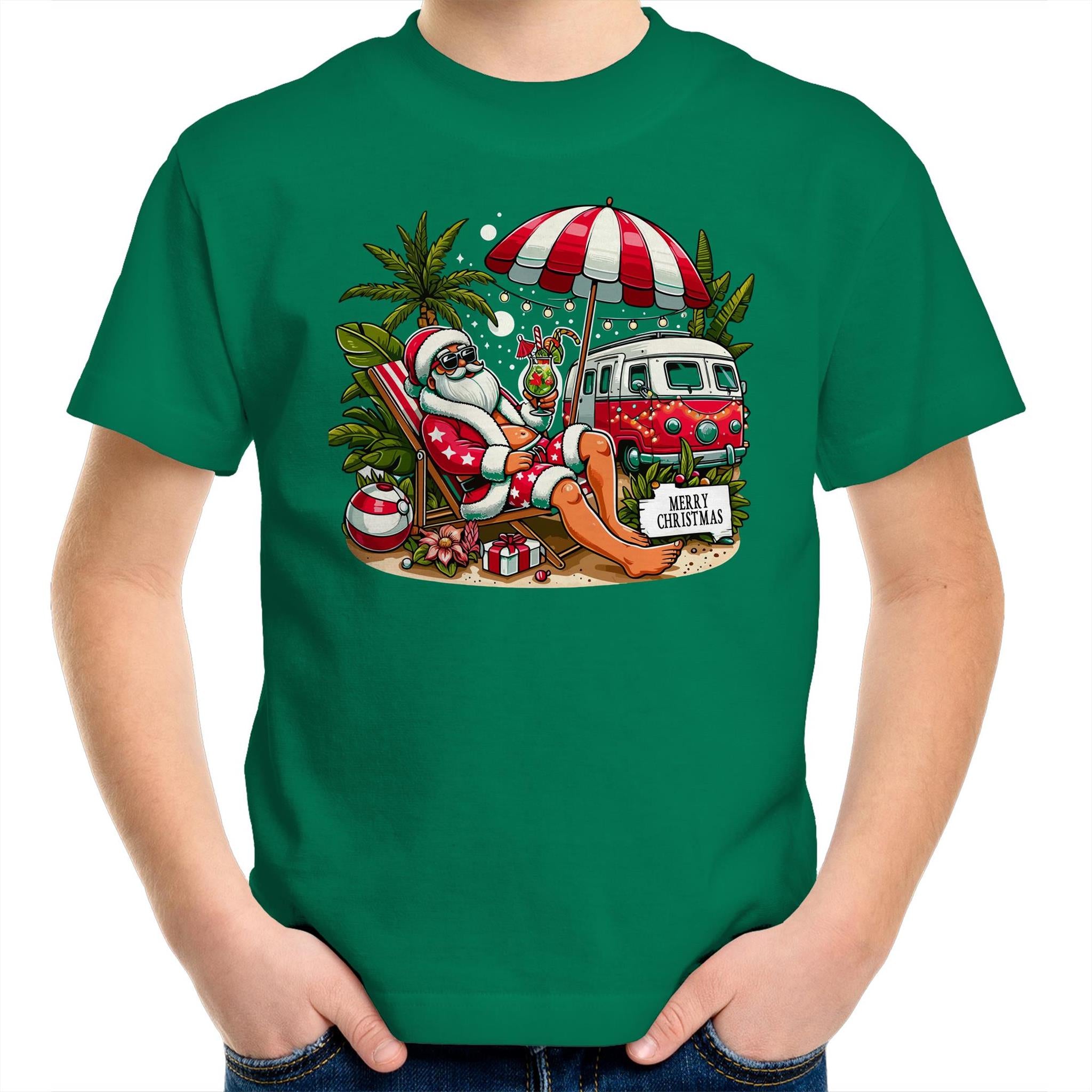 Santa By The Beach- Kids Youth T-shirt Kelly Green Kids Christmas T-shirt Christmas Printed In Australia