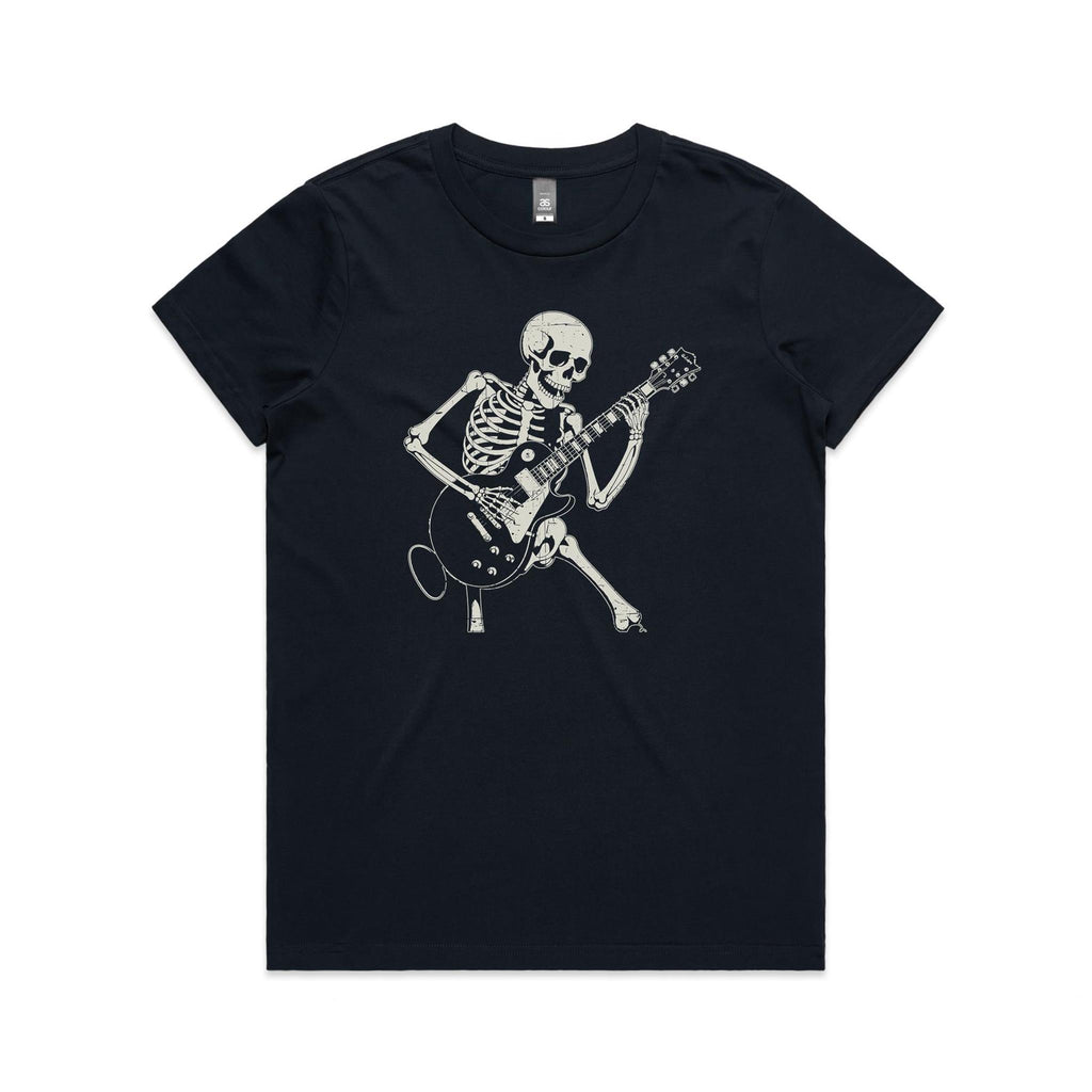 Skeleton Playing Guitar Women's AS Colour T-shirt Navy Womens T-shirt Music Printed In Australia