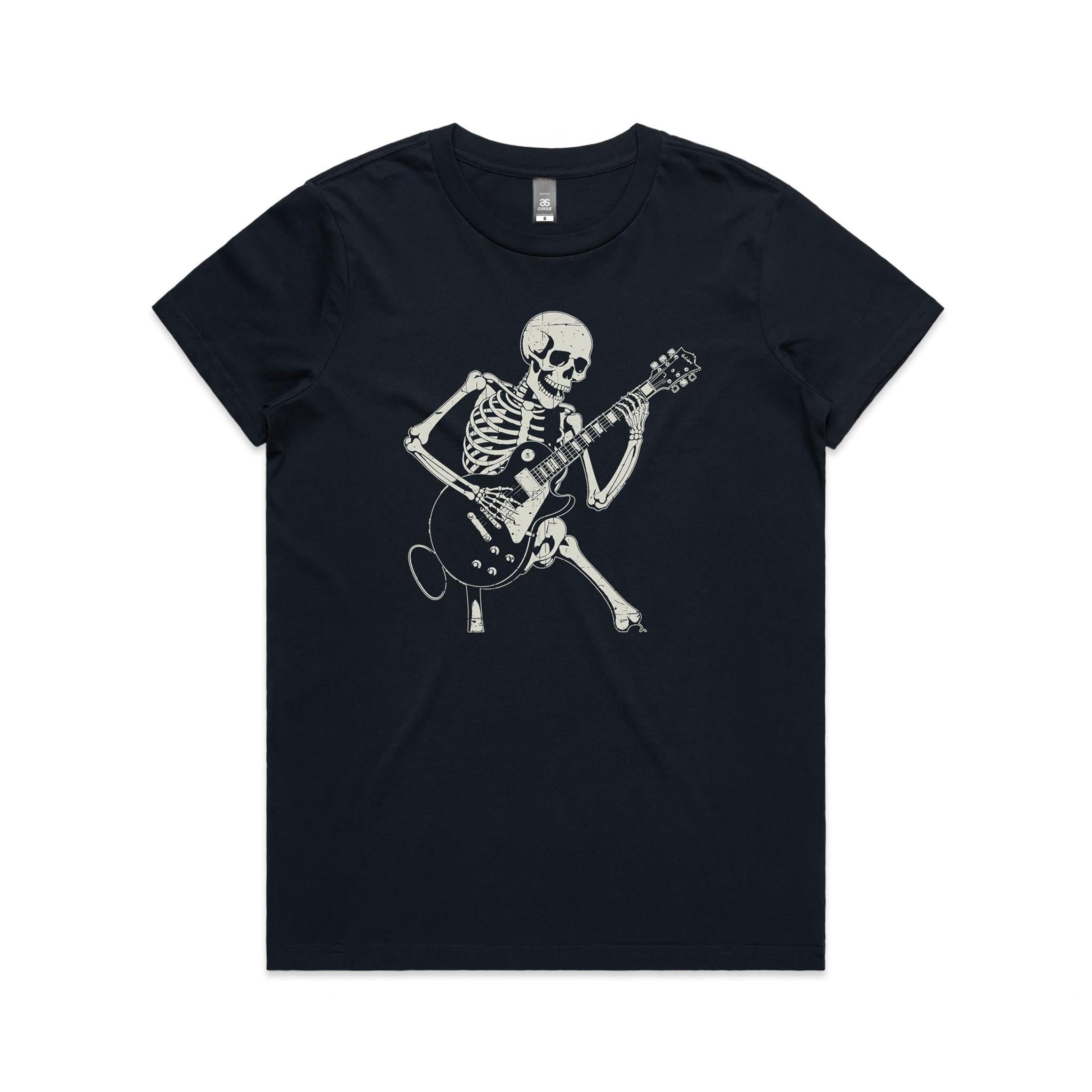 Skeleton Playing Guitar Women's AS Colour T-shirt Navy Womens T-shirt Music Printed In Australia