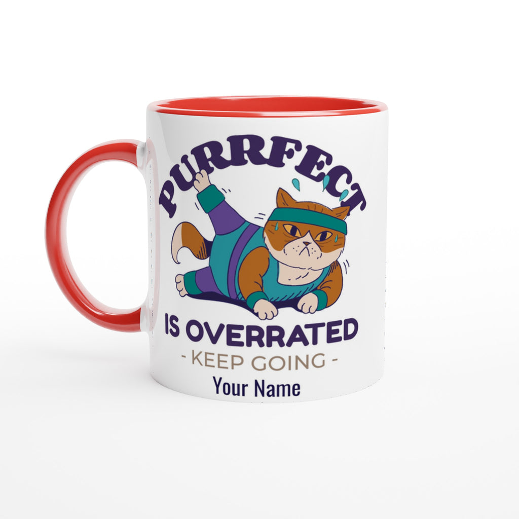 Personalised - Purrfect Is Overrated - White 11oz Ceramic Mug with Colour Inside Ceramic Red Personalised 11oz Mug Customise Fitness Globally Fulfilled Name Personalise