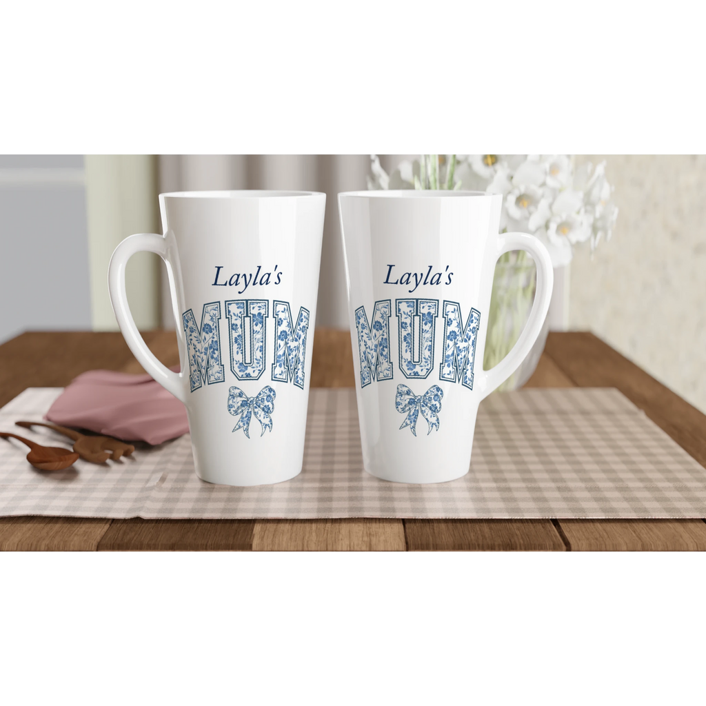 Personalise - Mum, Blue Floral - White Latte 17oz Ceramic Mug Personalised Latte Mug customise Globally Fulfilled Mum Name