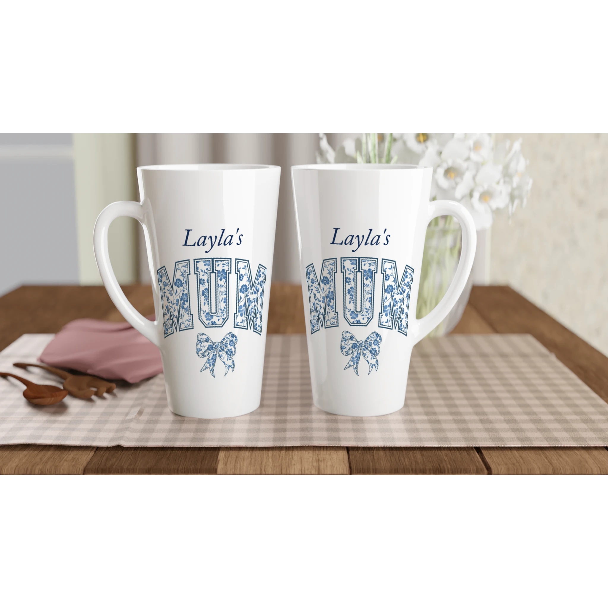 Personalise - Mum, Blue Floral - White Latte 17oz Ceramic Mug Personalised Latte Mug customise Globally Fulfilled Mum Name