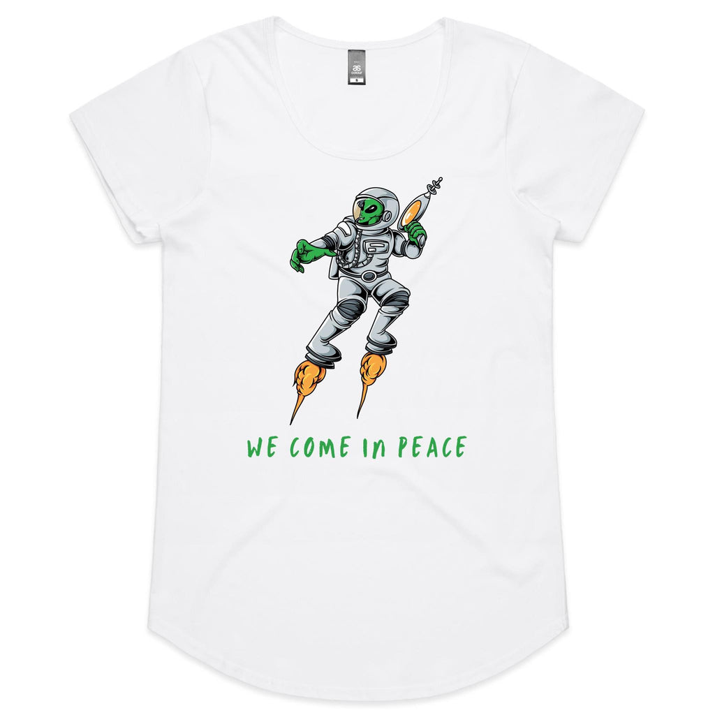 Alien, We Come In Peace - Womens Scoop Neck T-Shirt White Womens Scoop Neck T-shirt Printed In Australia Sci Fi