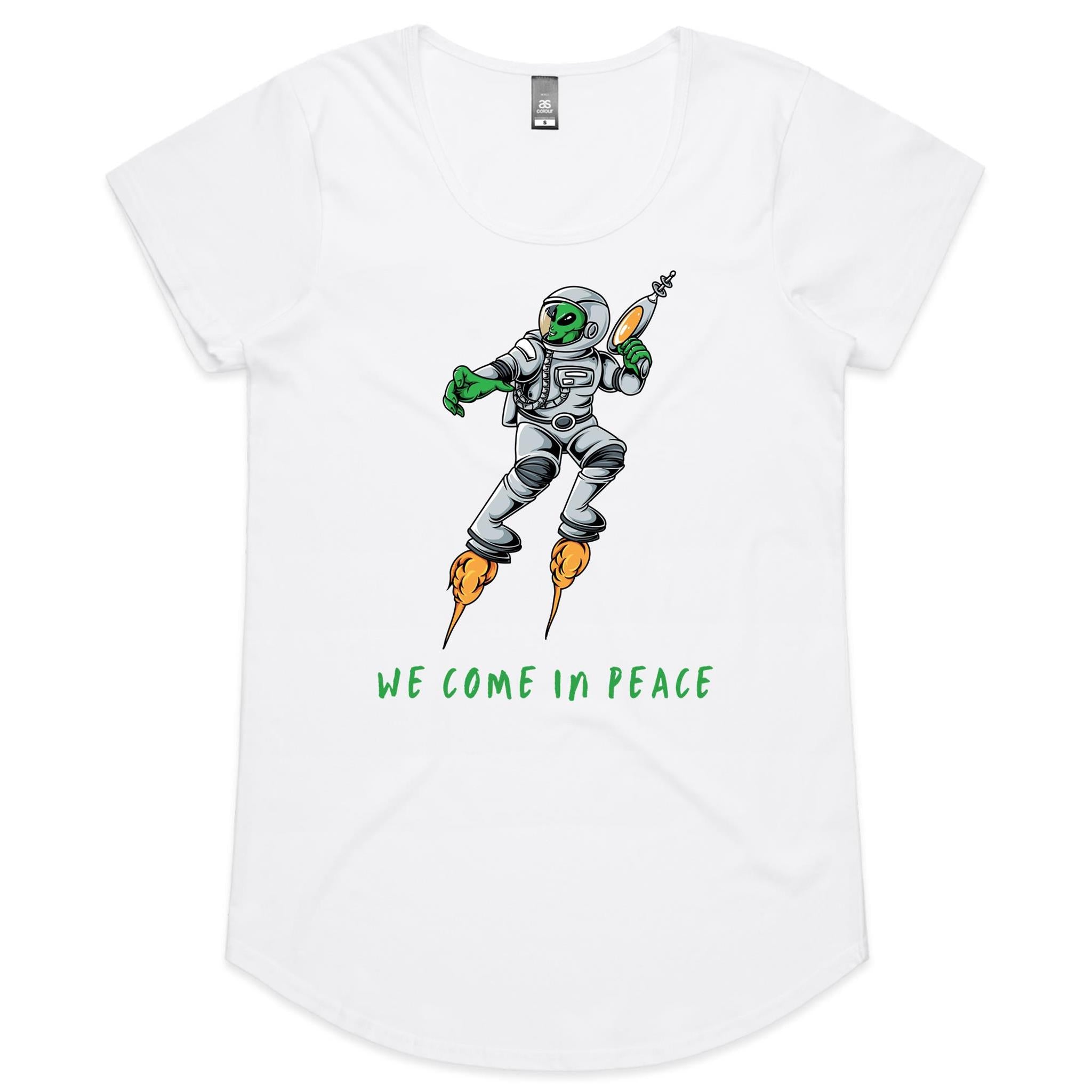 Alien, We Come In Peace - Womens Scoop Neck T-Shirt White Womens Scoop Neck T-shirt Printed In Australia Sci Fi