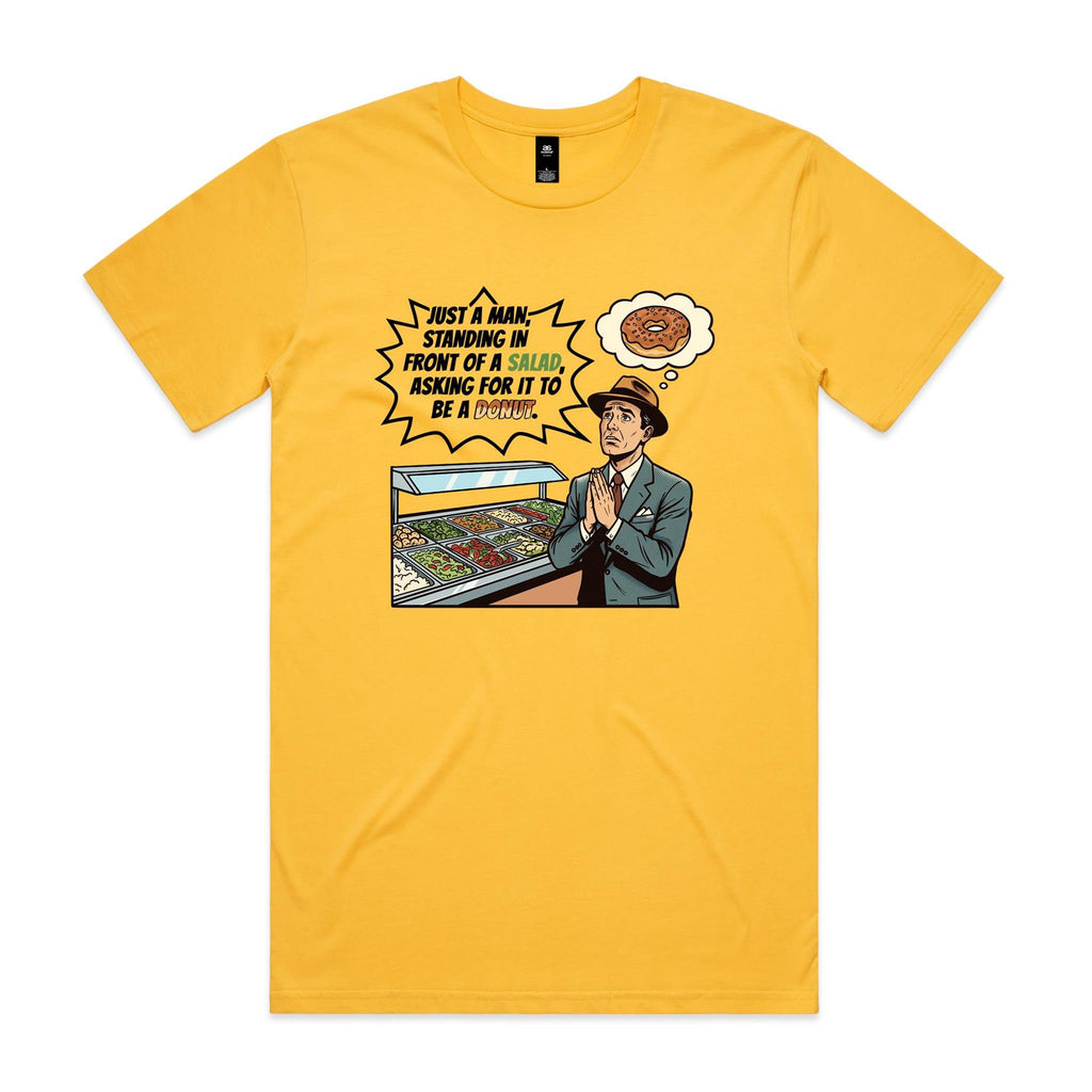 Just A Man Standing In Front Of A Salad Men's AS Colour T-shirt Yellow Mens T-shirt Food Printed In Australia