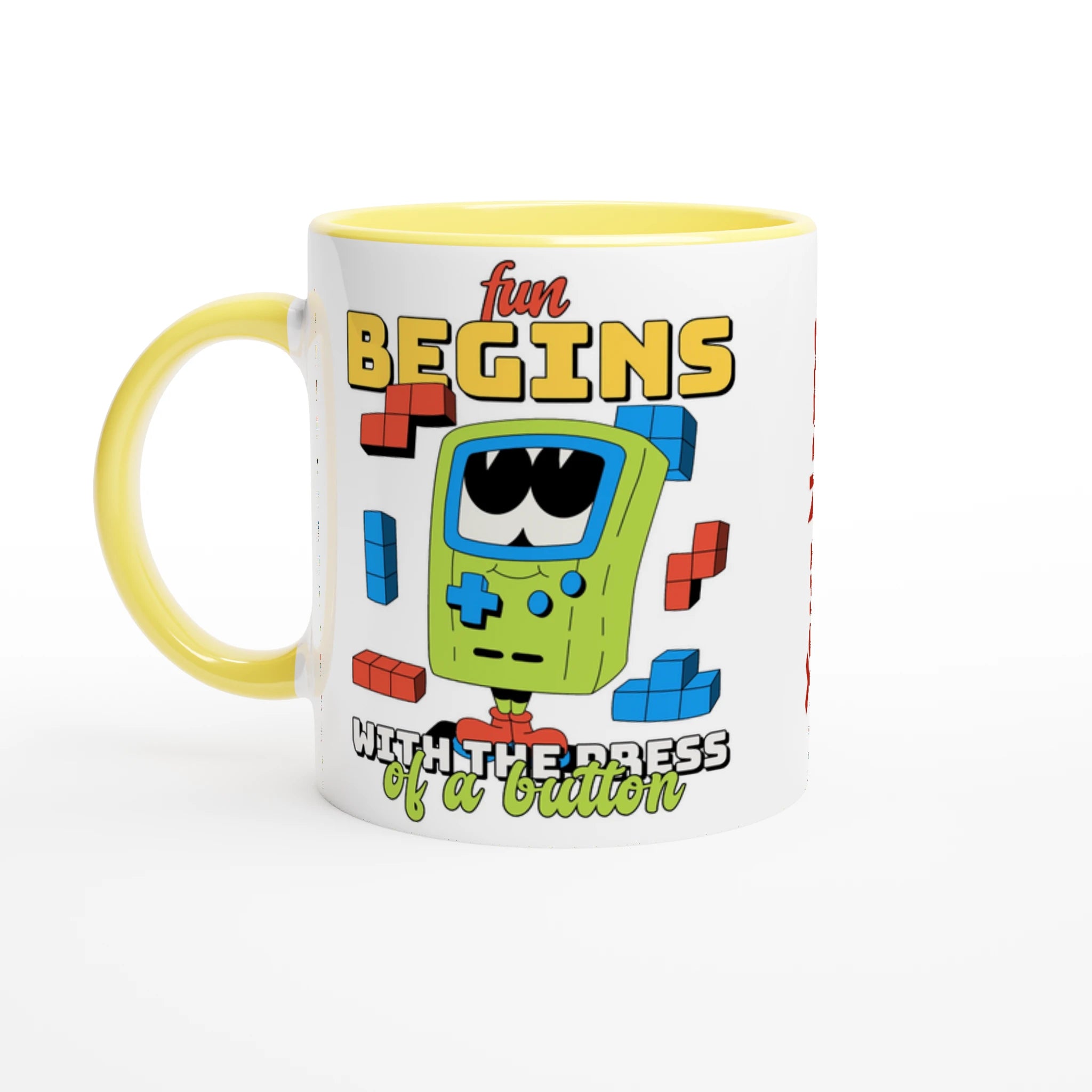 Personalised - Fun Begins With The Press Of A Button - White 11oz Ceramic Mug White 11oz Ceramic Mug with Color Inside Ceramic Yellow Personalised 11oz Mug customise Games Globally Fulfilled personalise