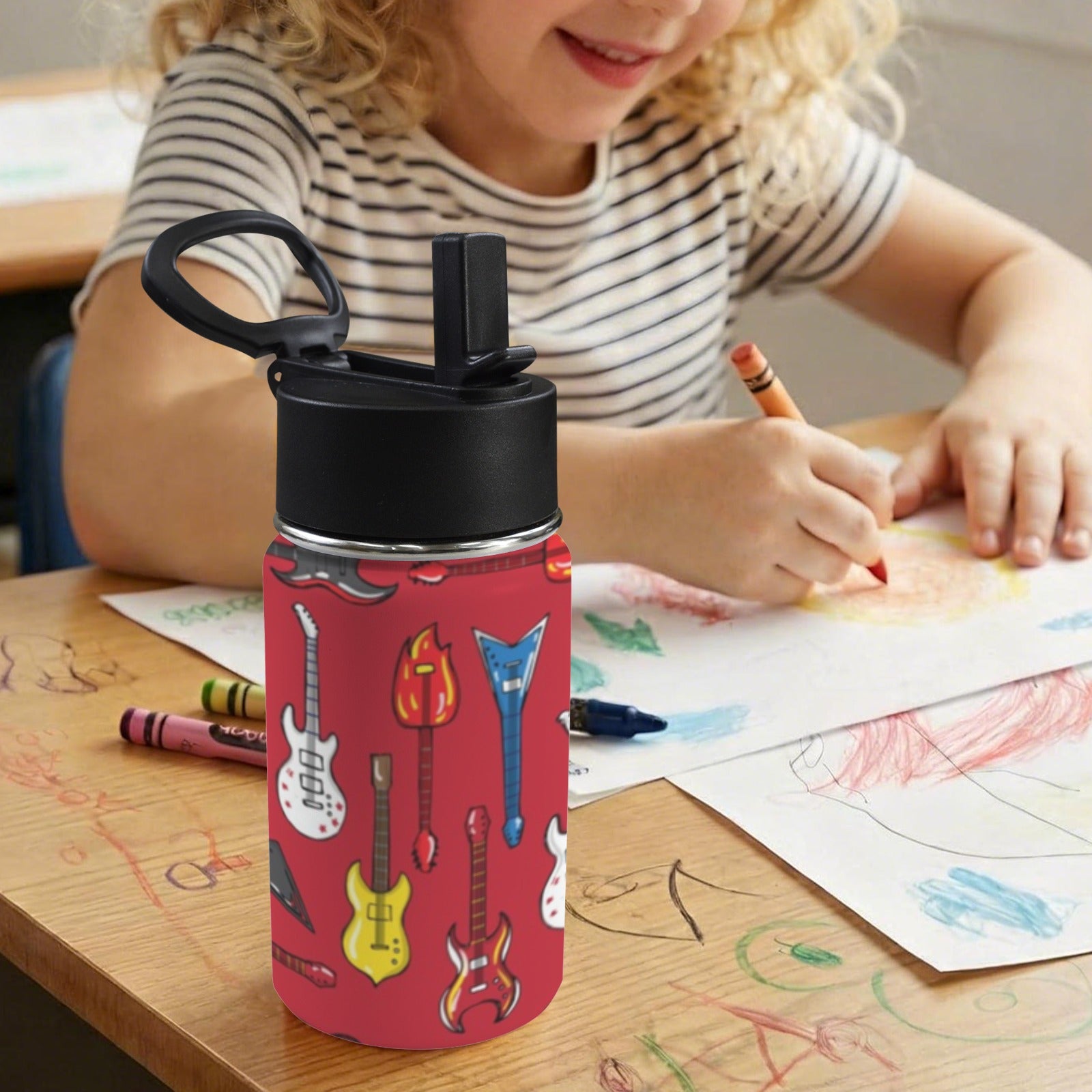 Guitars On Red 12oz Kids Water Bottle with Straw Lid