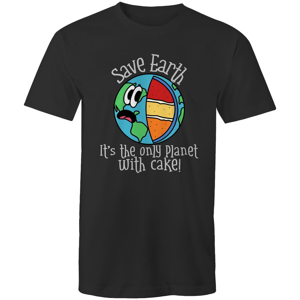 Save Earth, It's The Only Planet With Cake - Mens T-Shirt Black Mens T-shirt Environment Food Printed In Australia