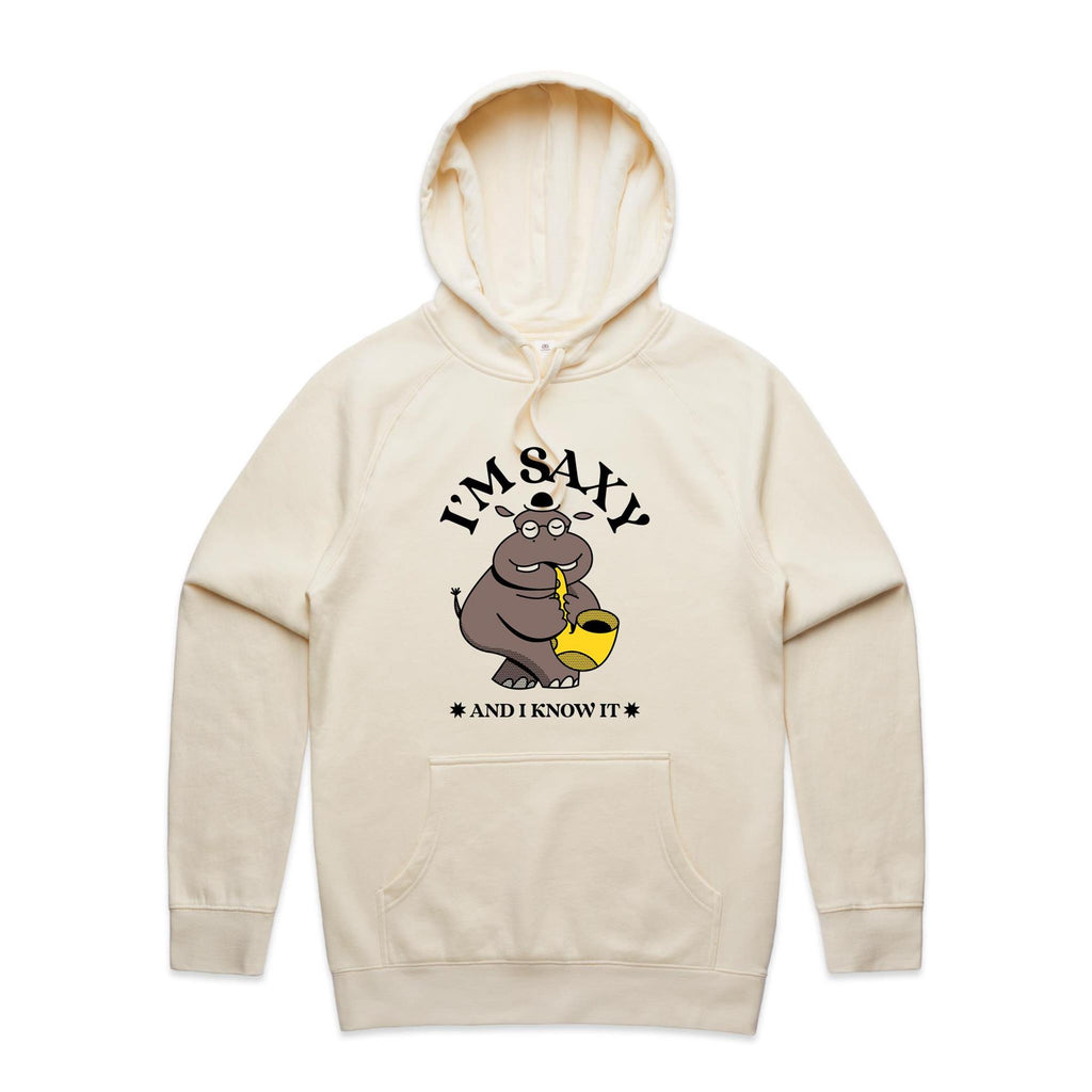 I'm Saxy And I Know It, Hippo Saxophone Player - Mens Hoodie Ecru Mens Hoodie animal Music Printed In Australia