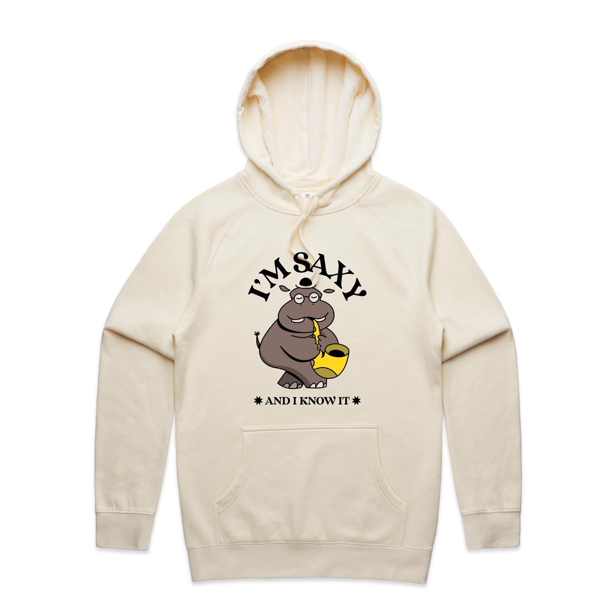 I'm Saxy And I Know It, Hippo Saxophone Player - Mens Hoodie Ecru Mens Hoodie animal Music Printed In Australia