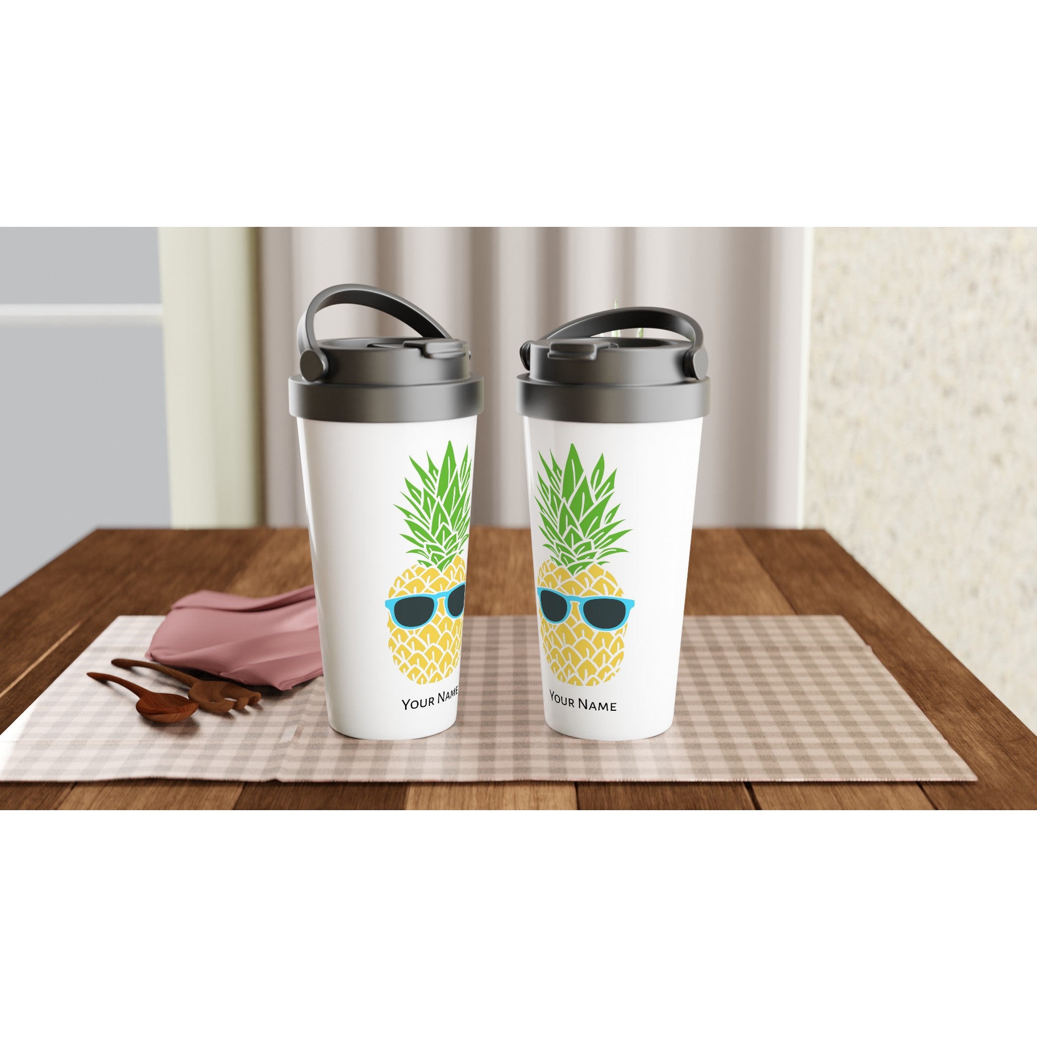 Personalised - Pineapple With Glasses - White 15oz Stainless Steel Travel Mug Personalised Travel Mug customise Food Globally Fulfilled personalise