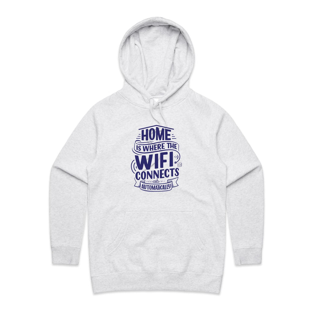 Home Is Where The WIFI Connects Automatically - Womens Hoodie White Marle Womens Hoodie Printed In Australia Tech