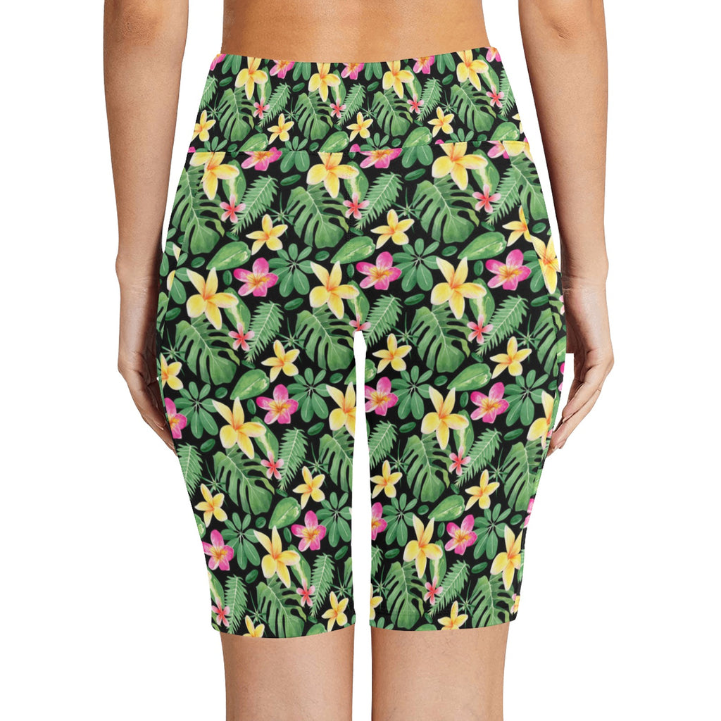 Frangipani Women's Bike Shorts With Side Pockets Women's Bike Shorts Plants Printed Offshore