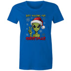 Just Waiting For Christmas, Alien - Womens T-shirt Bright Royal Womens Christmas T-shirt Christmas Printed In Australia
