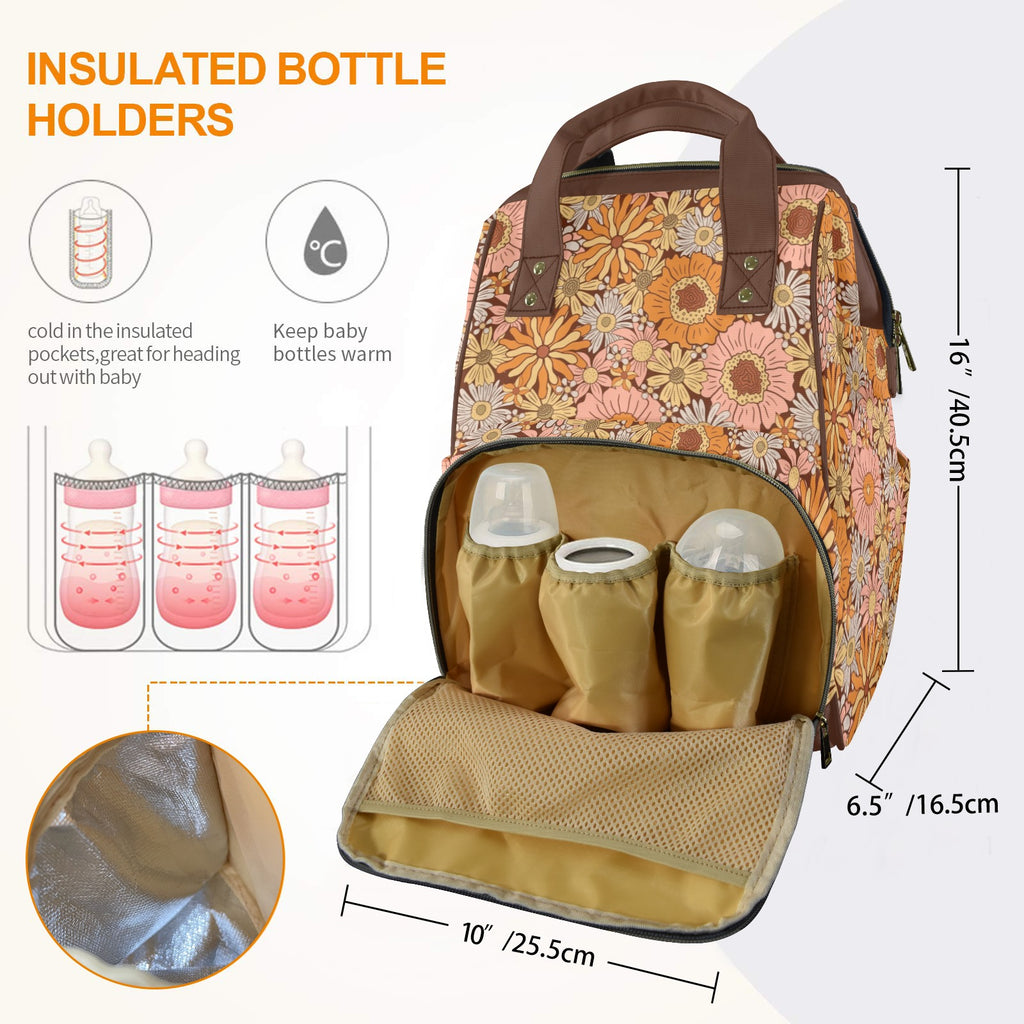Orange Retro Floral Multi-Function Backpack, Nappy / Diaper Bag Multi-function Backpack, Nappy / Diaper Bag Plants Printed Offshore