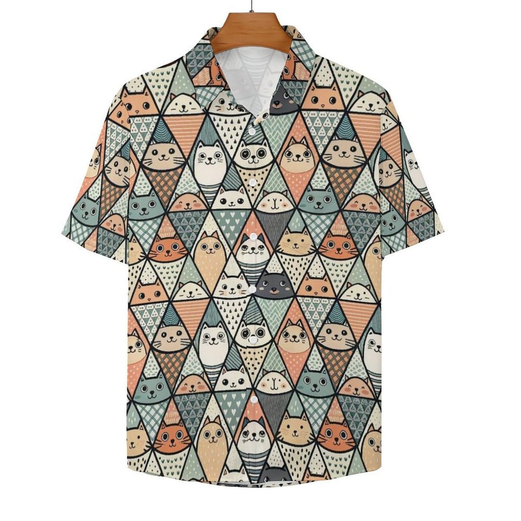 Diamond Cat Pattern Women's Short-Sleeve Button Up Shirt Women's Short-Sleeve Button Up Shirt animal Printed Offshore