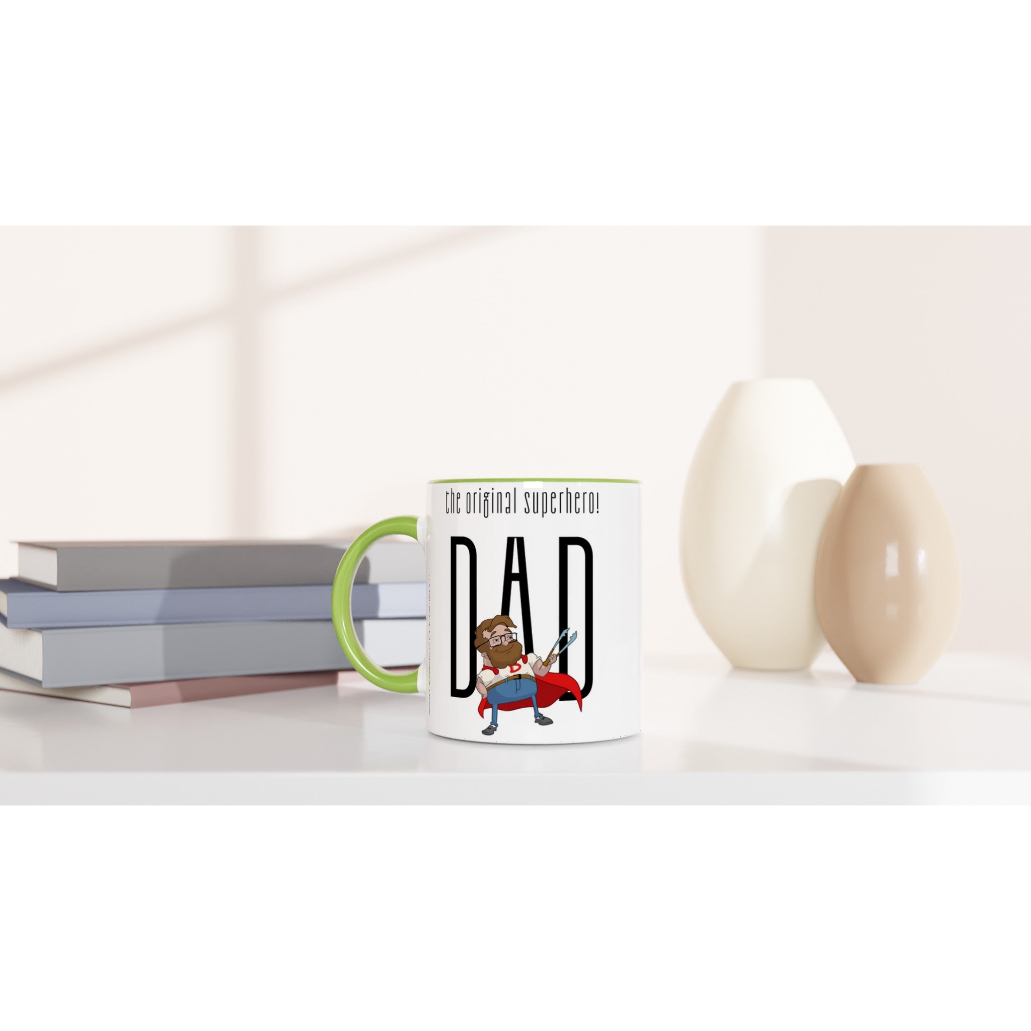 Dad, The Original Superhero - White 11oz Ceramic Mug with Colour Inside Colour 11oz Mug comic Dad Globally Fulfilled