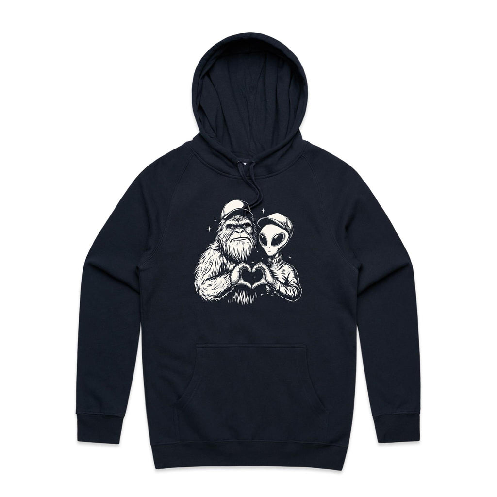 Alien Bigfoot Heart Hands - Mens Hoodie Navy Mens Hoodie Love Printed In Australia Sci Fi
