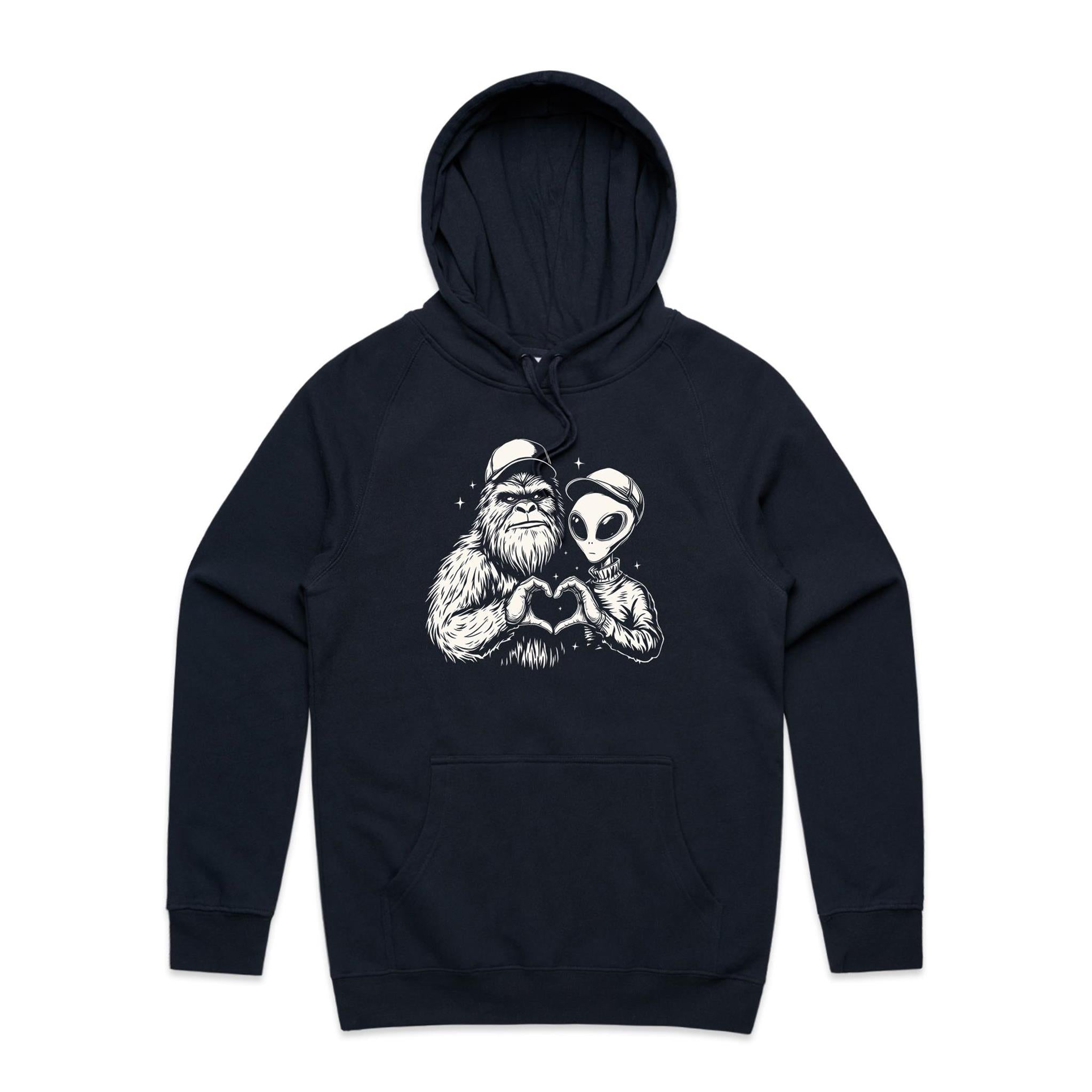 Alien Bigfoot Heart Hands - Mens Hoodie Navy Mens Hoodie Love Printed In Australia Sci Fi