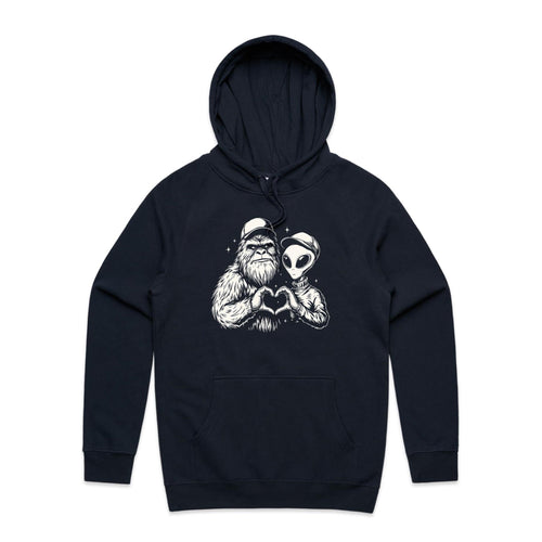 Alien Bigfoot Heart Hands - Mens Hoodie Navy Mens Hoodie Love Printed In Australia Sci Fi