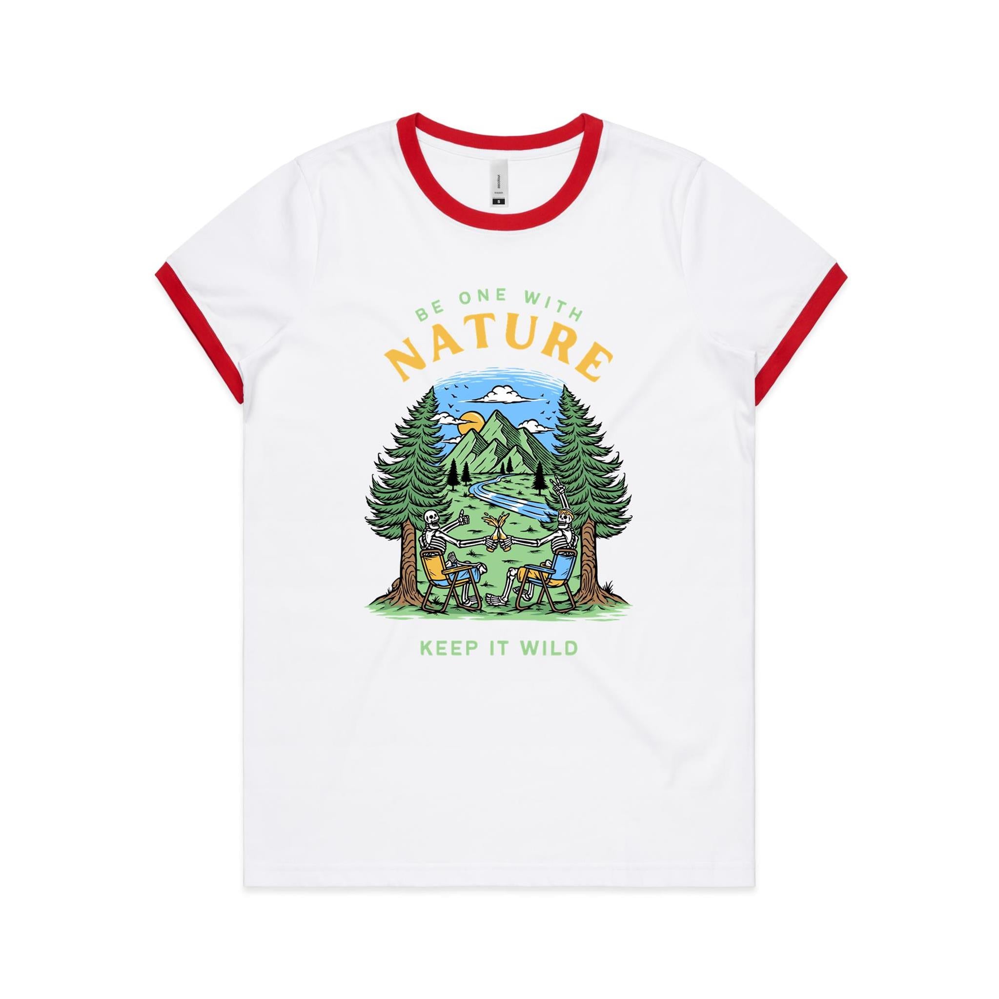 Be One With Nature, Skeleton - Women's Ringer Tee White Red Womens Ringer T-shirt Printed In Australia