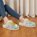 Tropical Flowers And Leaves Women's Fur Trim Thick-Sole Indoor Slippers Women's Fur Trimmed Slippers Plants Printed Offshore