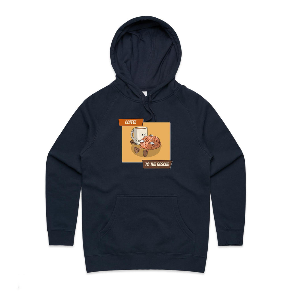 Coffee To The Rescue - Womens Hoodie Navy Womens Hoodie Coffee Printed In Australia
