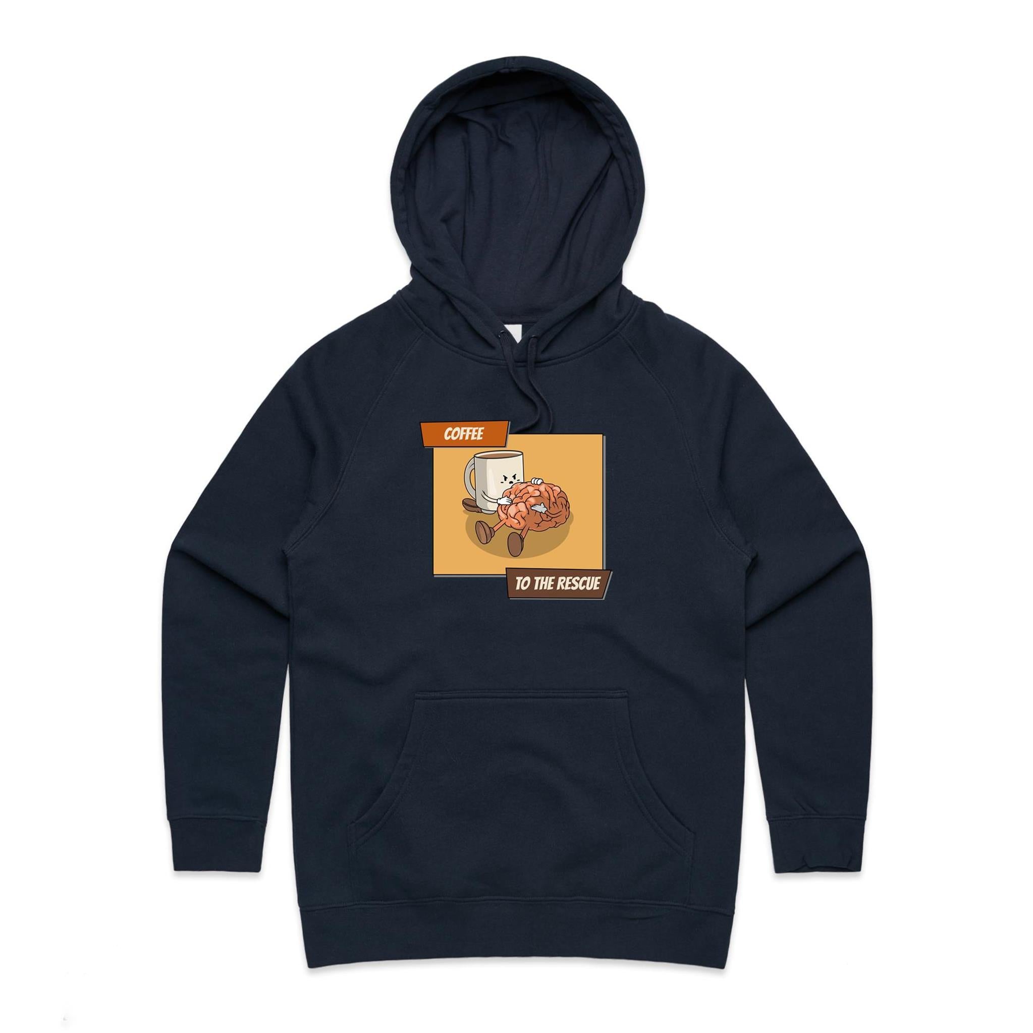 Coffee To The Rescue - Womens Hoodie Navy Womens Hoodie Coffee Printed In Australia