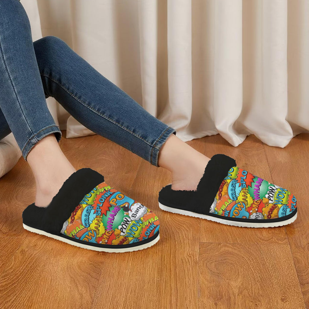 Comic Book 2 Women's Fur Trim Thick-Sole Indoor Slippers Women's Fur Trimmed Slippers comic Printed Offshore