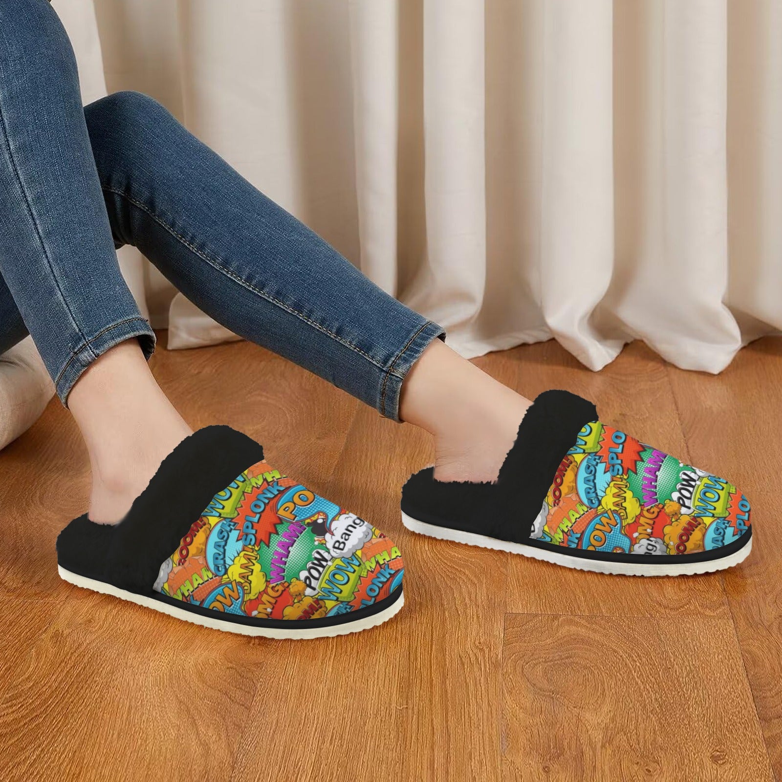 Comic Book 2 Women's Fur Trim Thick-Sole Indoor Slippers Women's Fur Trimmed Slippers comic Printed Offshore