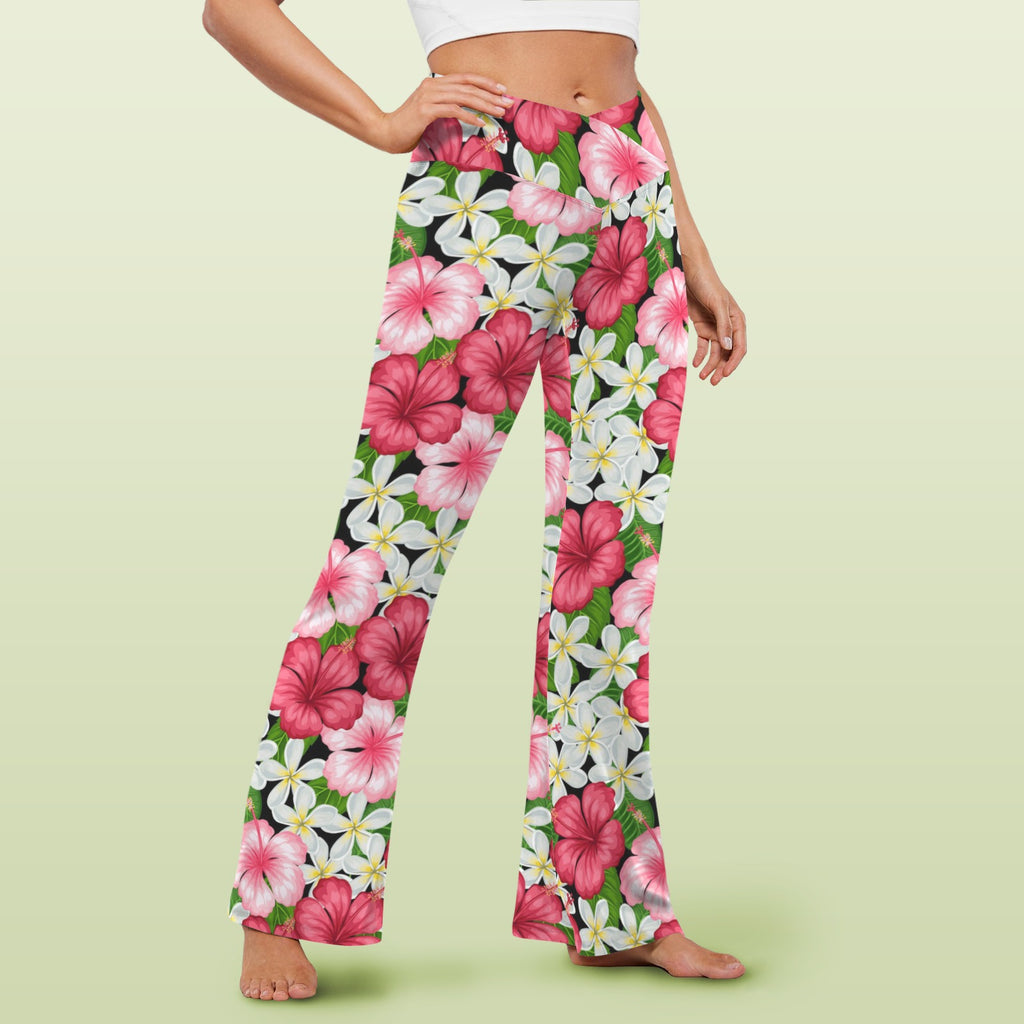 Hibiscus High Waist Crossover Tummy Control Flare Leggings High Waist Flare Leggings Plants Printed Offshore