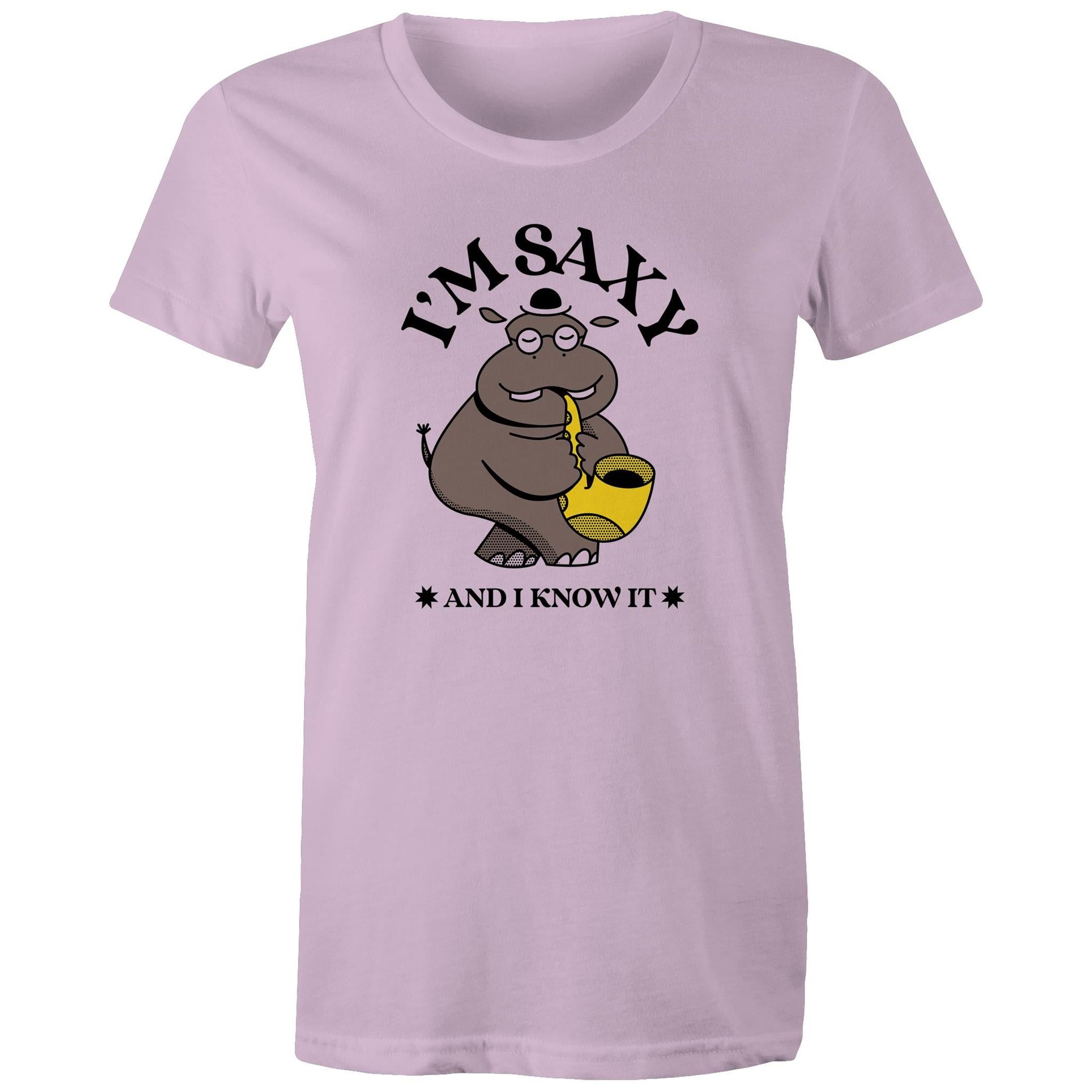 I'm Saxy And I Know It, Saxophone Hippo - Womens T-shirt Lavender Womens T-shirt animal Music Printed In Australia