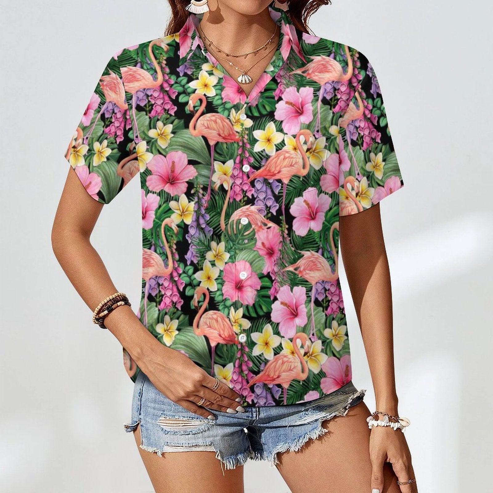 Flamingo Jungle - Women's Short-Sleeve Button Up Shirt