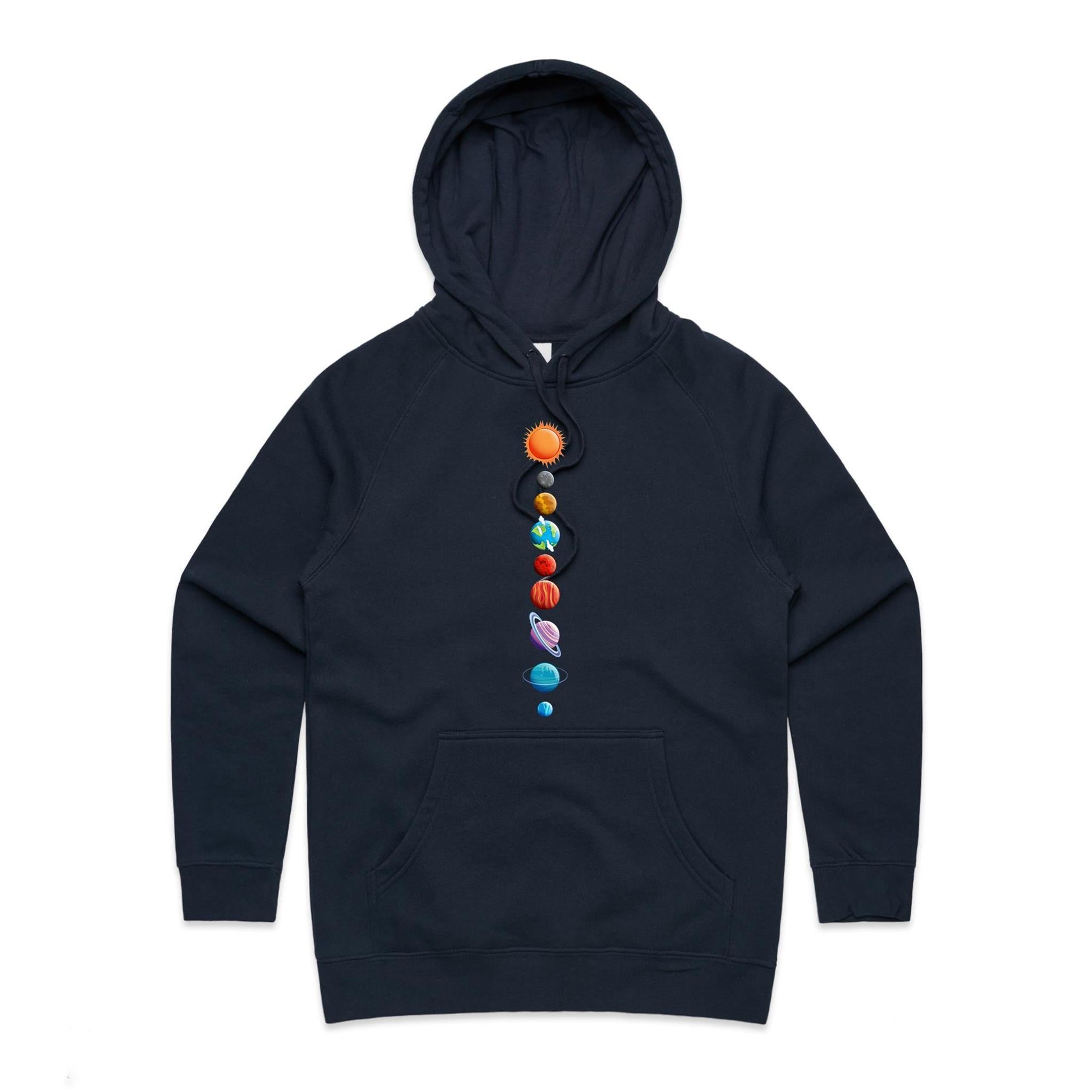 Our Solar System - Womens Hoodie Navy Womens Hoodie Printed In Australia Space