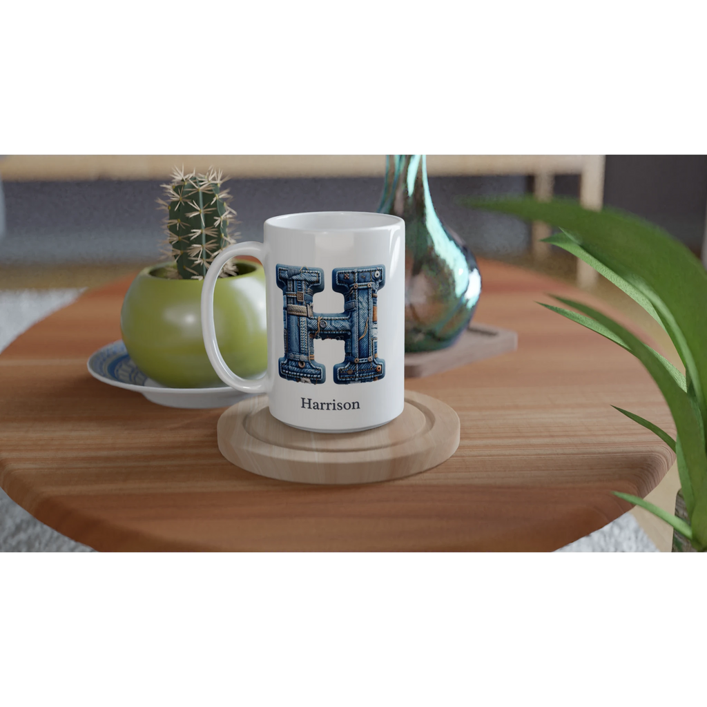 Personalise - Blue Denim Initial - White 15oz Ceramic Mug Personalised 15oz Mug customise Globally Fulfilled Initial Name personalise