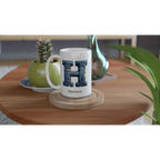 Personalise - Blue Denim Initial - White 15oz Ceramic Mug Personalised 15oz Mug customise Globally Fulfilled Initial Name personalise