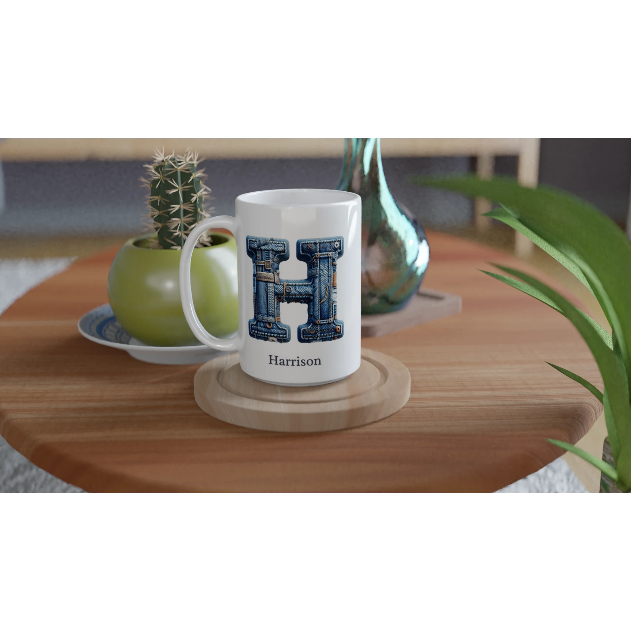 Personalise - Blue Denim Initial - White 15oz Ceramic Mug Personalised 15oz Mug customise Globally Fulfilled Initial Name personalise