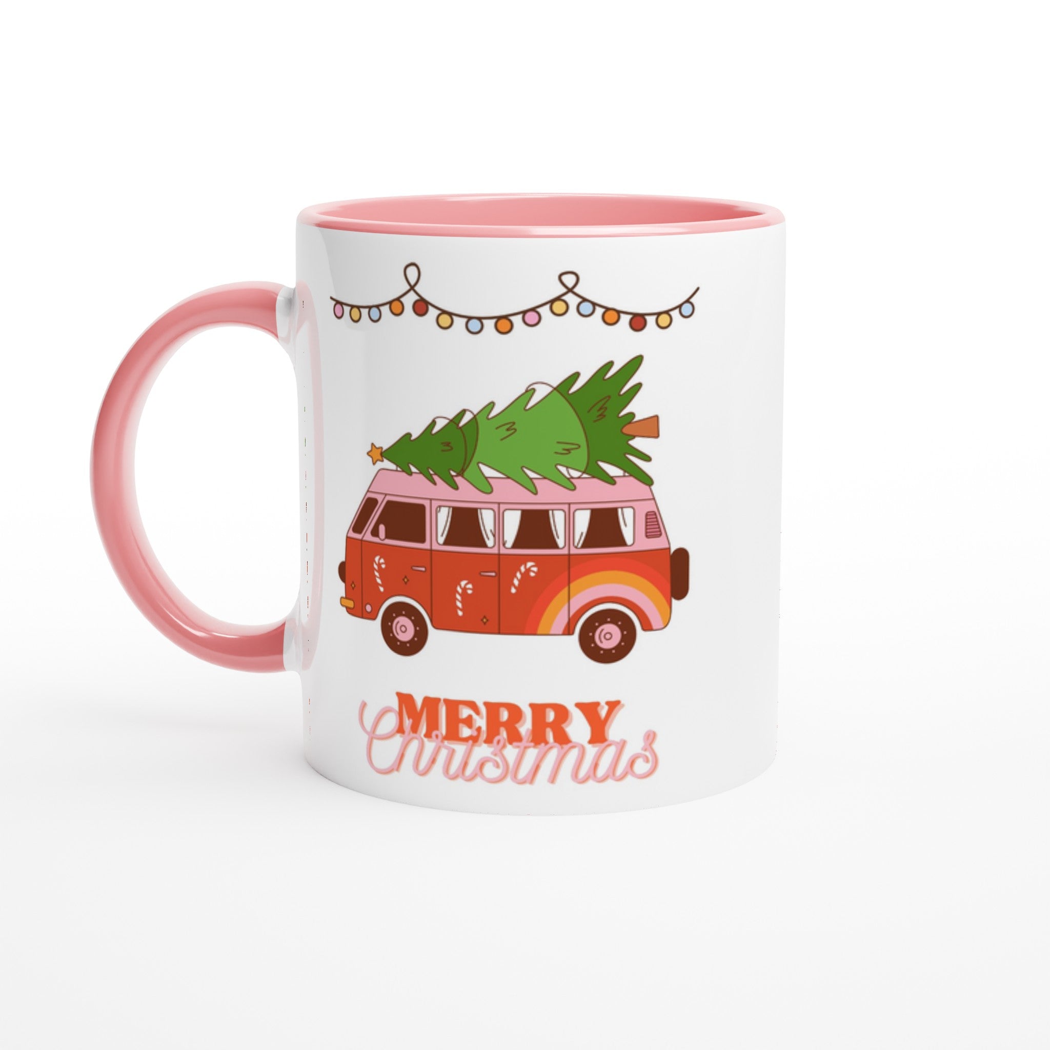 Christmas Tree On Peace Van - White 11oz Ceramic Mug with Colour Inside Ceramic Pink Christmas Colour Mug Christmas Globally Fulfilled