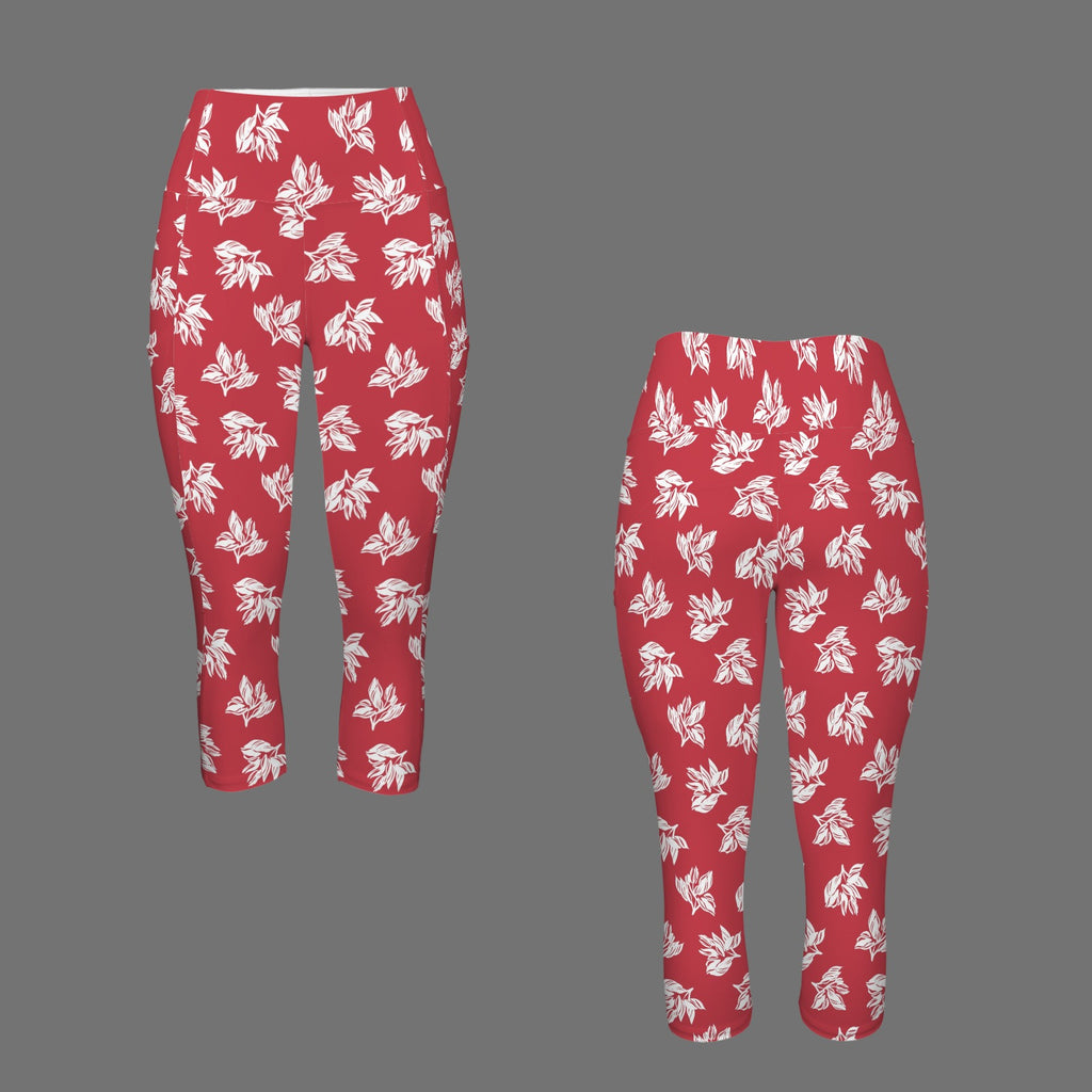 Red Retro Foliage Women's High Waist Pocket Capri Yoga Leggings Women's High Waist Capri Yoga Leggings Plants Printed Offshore