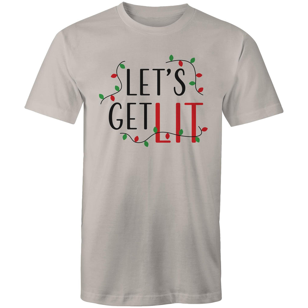 Let's Get Lit, Christmas Lights - Mens T-Shirt Light Grey Mens Christmas T-shirt Christmas Printed In Australia