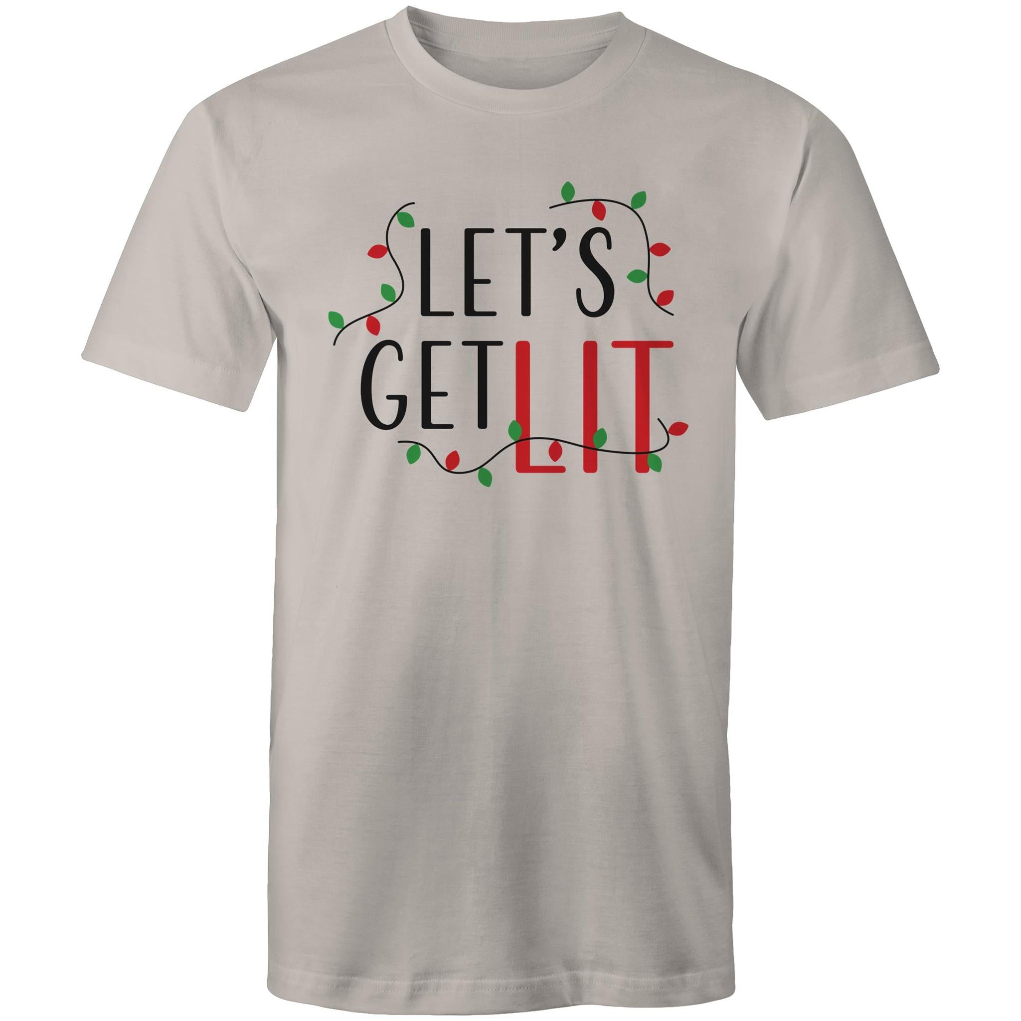 Let's Get Lit, Christmas Lights - Mens T-Shirt Light Grey Mens Christmas T-shirt Christmas Printed In Australia