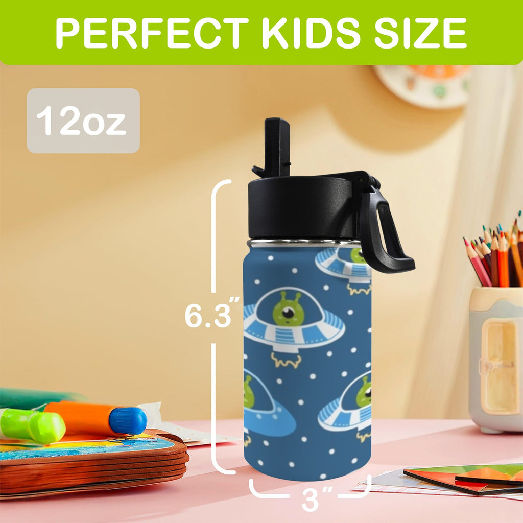 Cute Aliens in UFOs 12oz Kids Water Bottle with Straw Lid