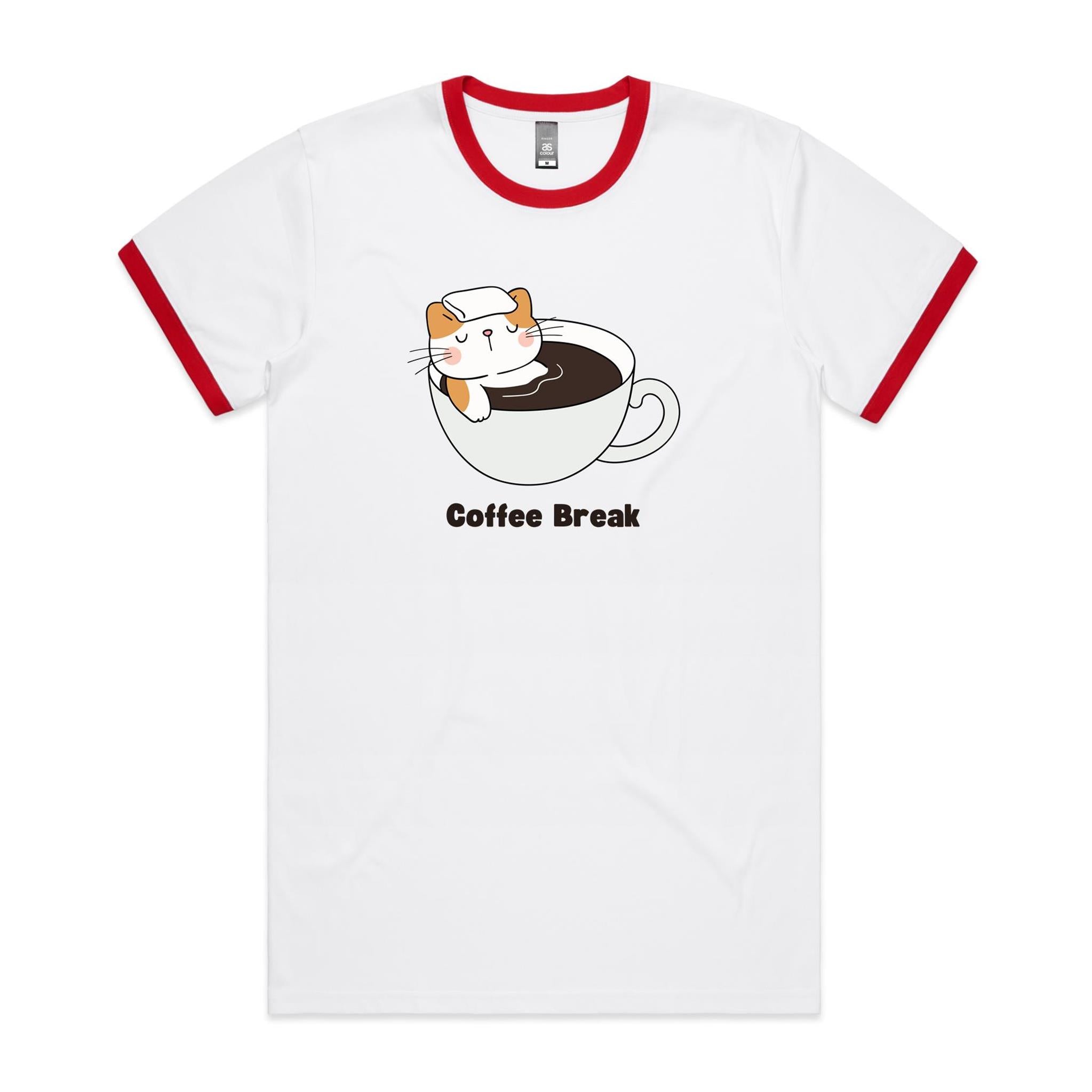 Coffee Break, Cat - Staple Ringer Tee White Red Ringer T-Shirt animal Coffee Printed In Australia