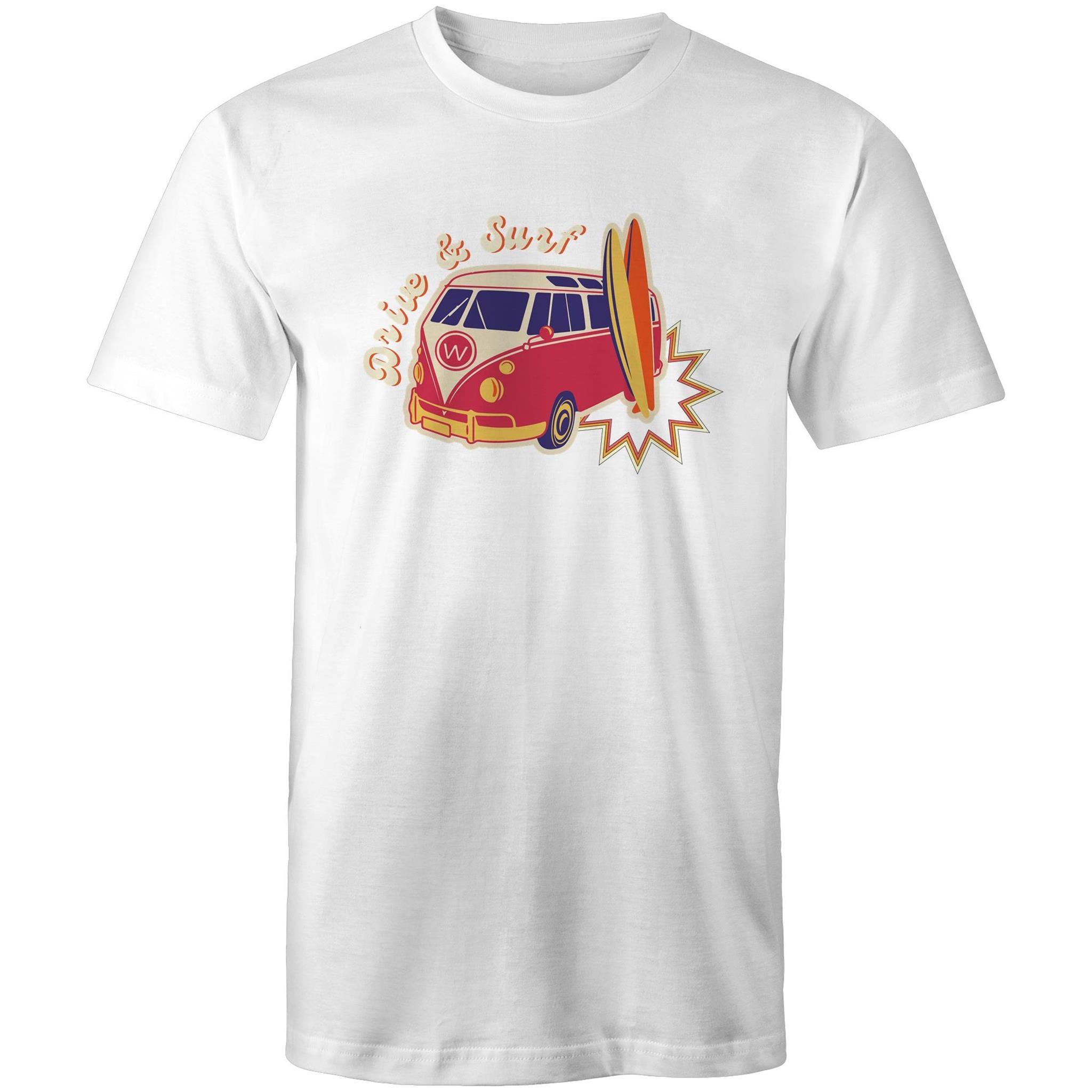 Drive And Surf - Mens T-Shirt White Mens T-shirt Printed In Australia Summer Surf
