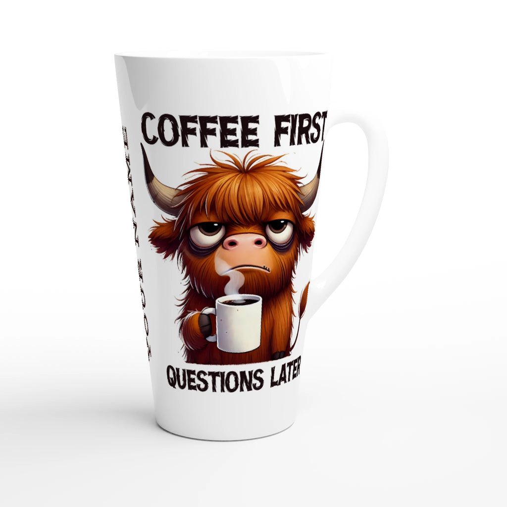 Personalise - Coffee First, Questions Later, Highland Cow - White Latte 17oz Ceramic Mug Personalised Latte Mug animal Coffee Globally Fulfilled