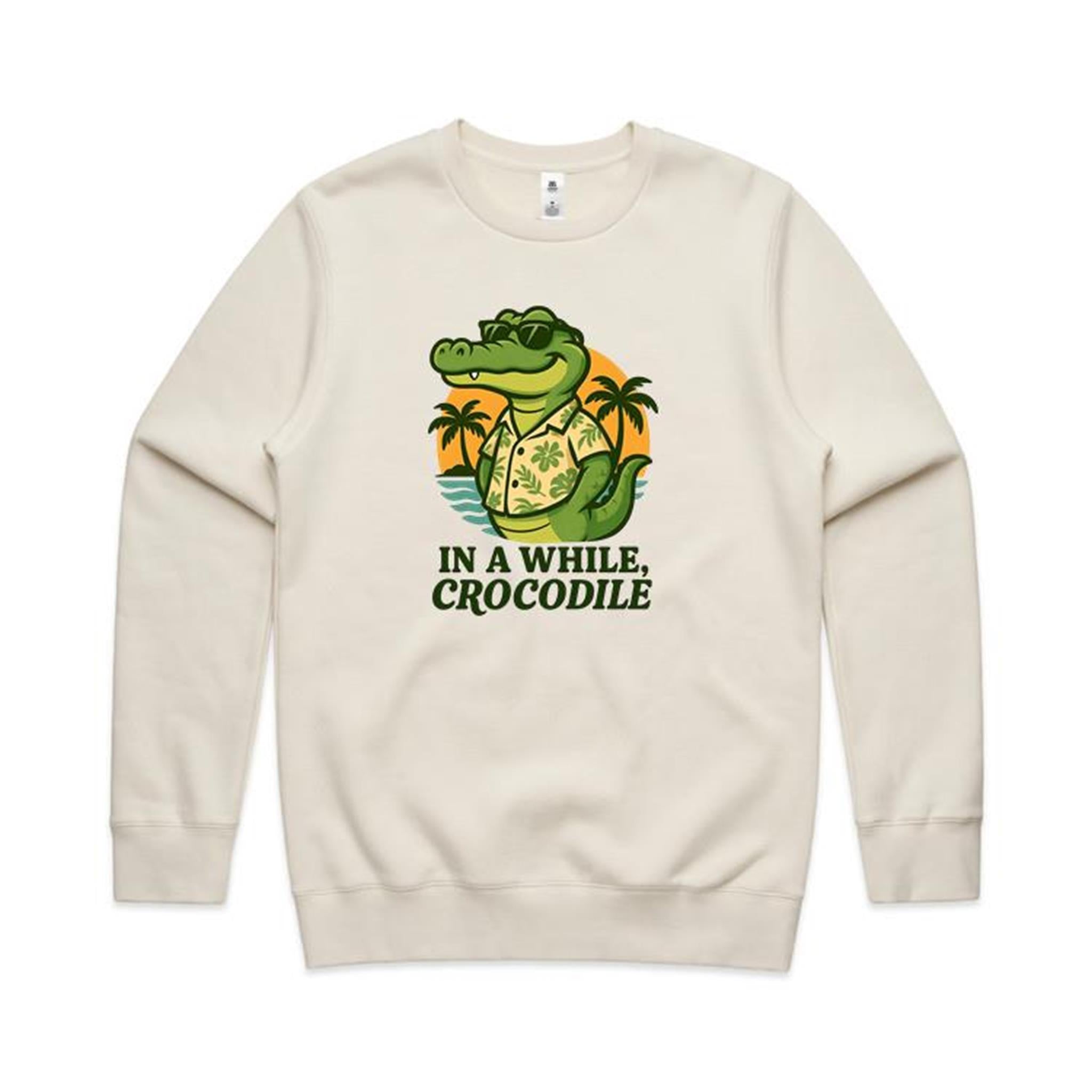 In A While, Crocodile AS Colour Stencil Crew Sweatshirt Unisex Ecru Sweatshirt animal Printed In Australia